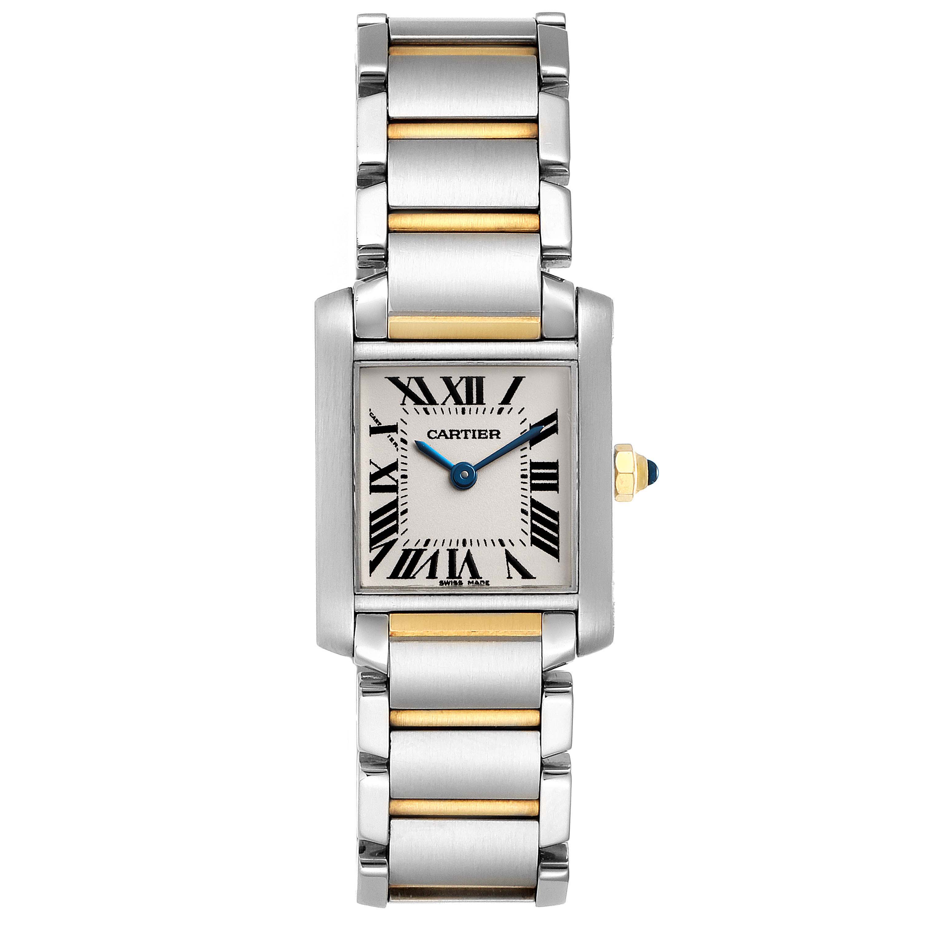 This Tank Française watch by Cartier is shown from the front, displaying its rectangular face, roman numerals, and metal bracelet.