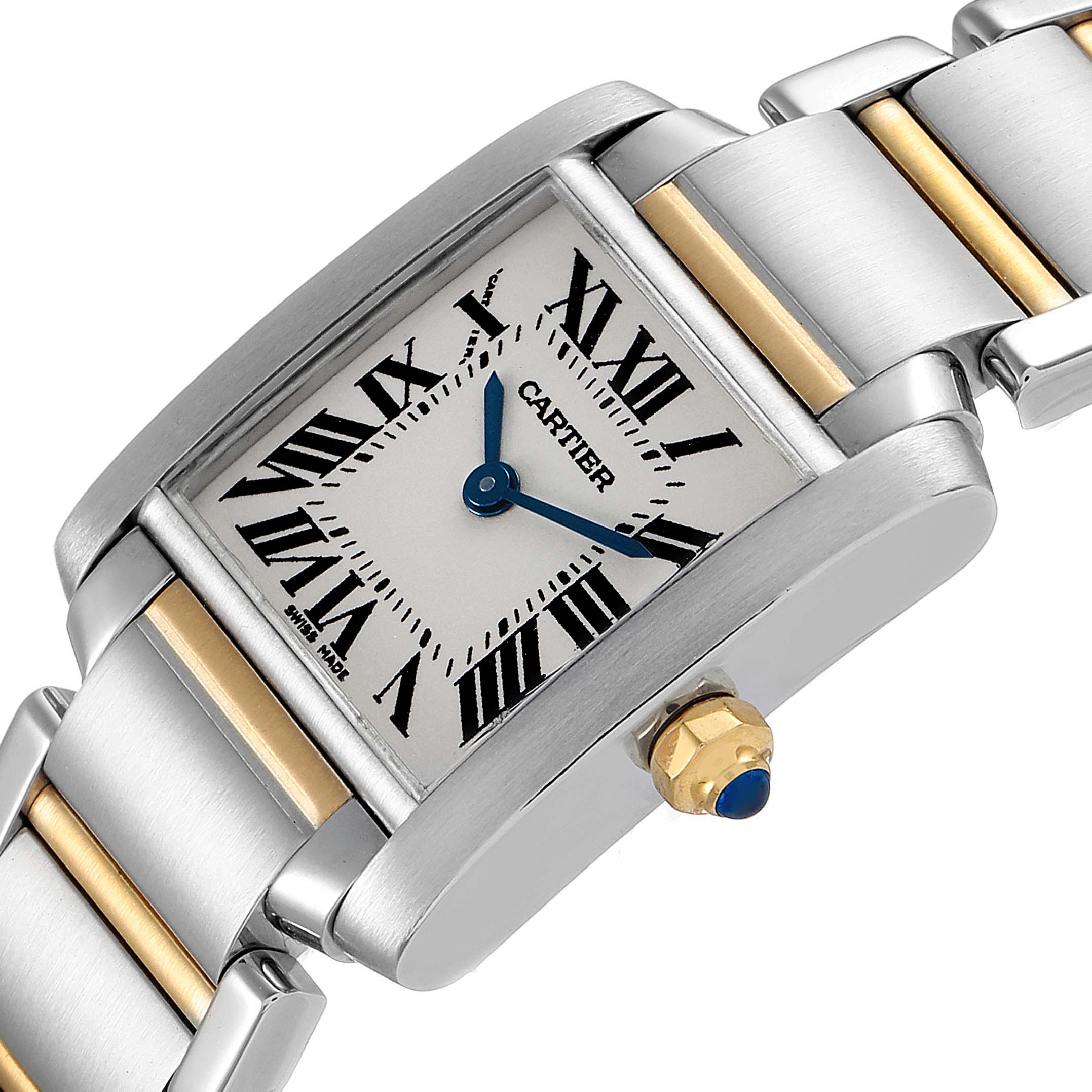 The image shows a close-up of the dial, crown, and bracelet with two-tone metal of the Cartier Tank Française watch.