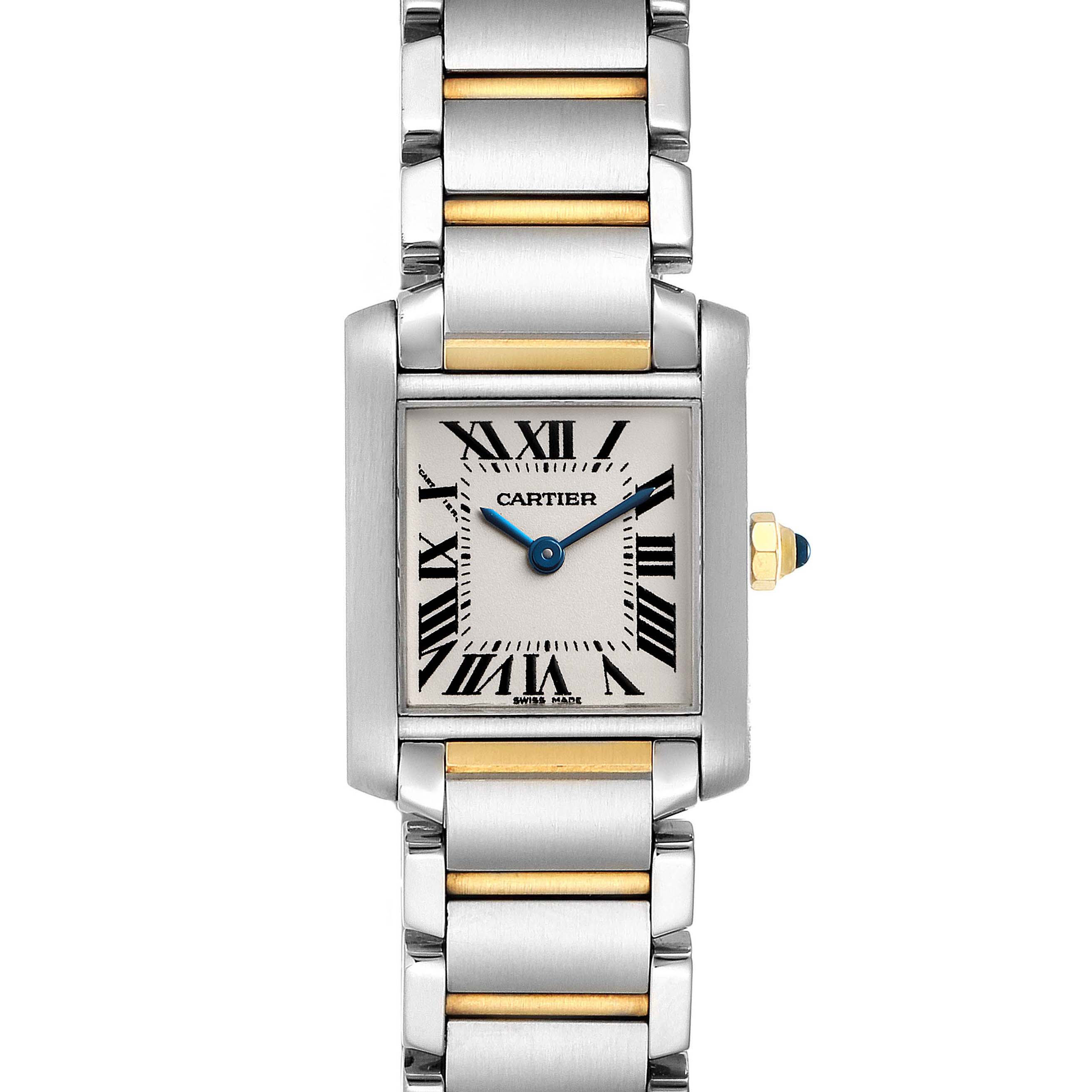The image shows a frontal view of the Cartier Tank Française watch, displaying its face, bracelet, and crown.