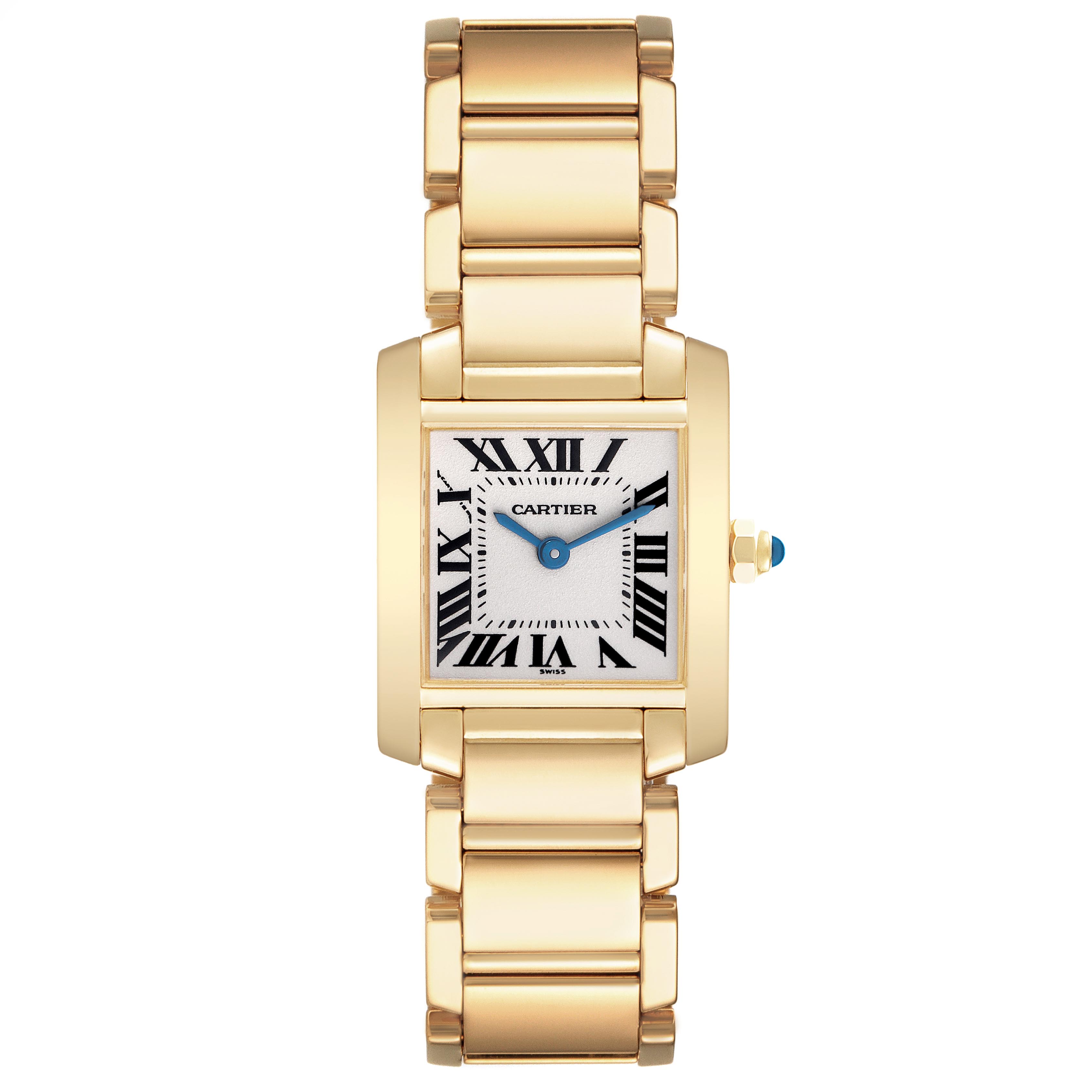 The Cartier Tank Française watch is shown from a top-down angle, highlighting its rectangular case, dial, and bracelet.