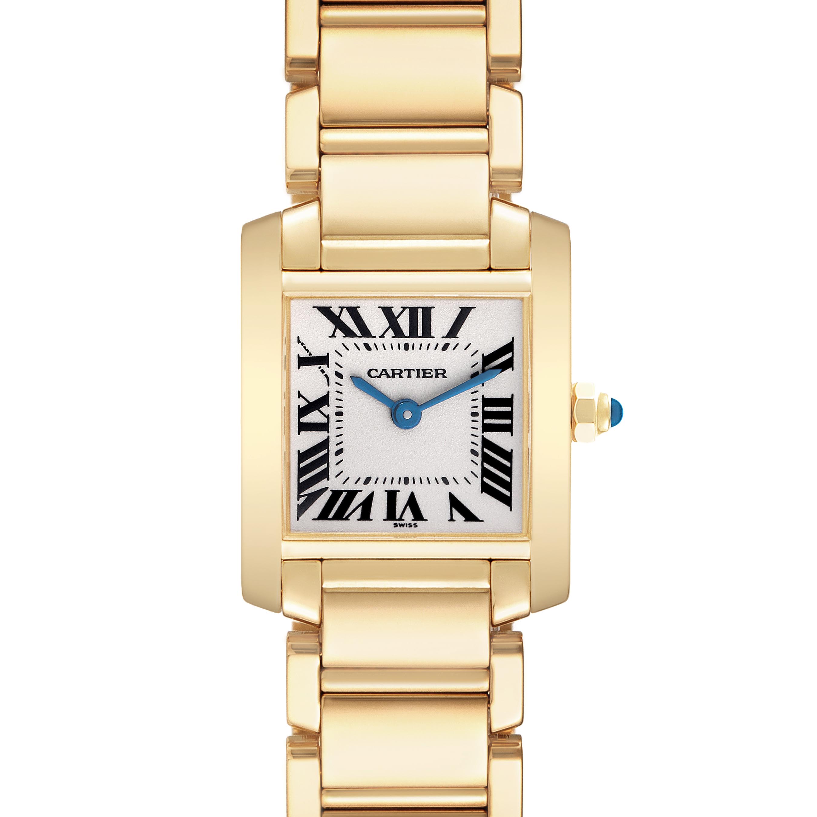 The Cartier Tank Française watch is shown from the front, highlighting the dial, bracelet, and crown.