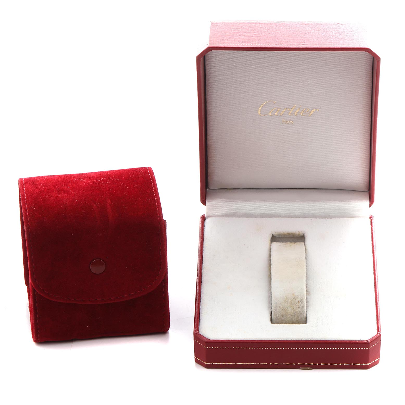 The image shows a Cartier Tank Francaise W50002N2 Women
s Yellow Gold Silver Dial W50002N2 Women
s Yellow Gold Silver Dial model watch box and a red velvet pouch, both viewed from the front.