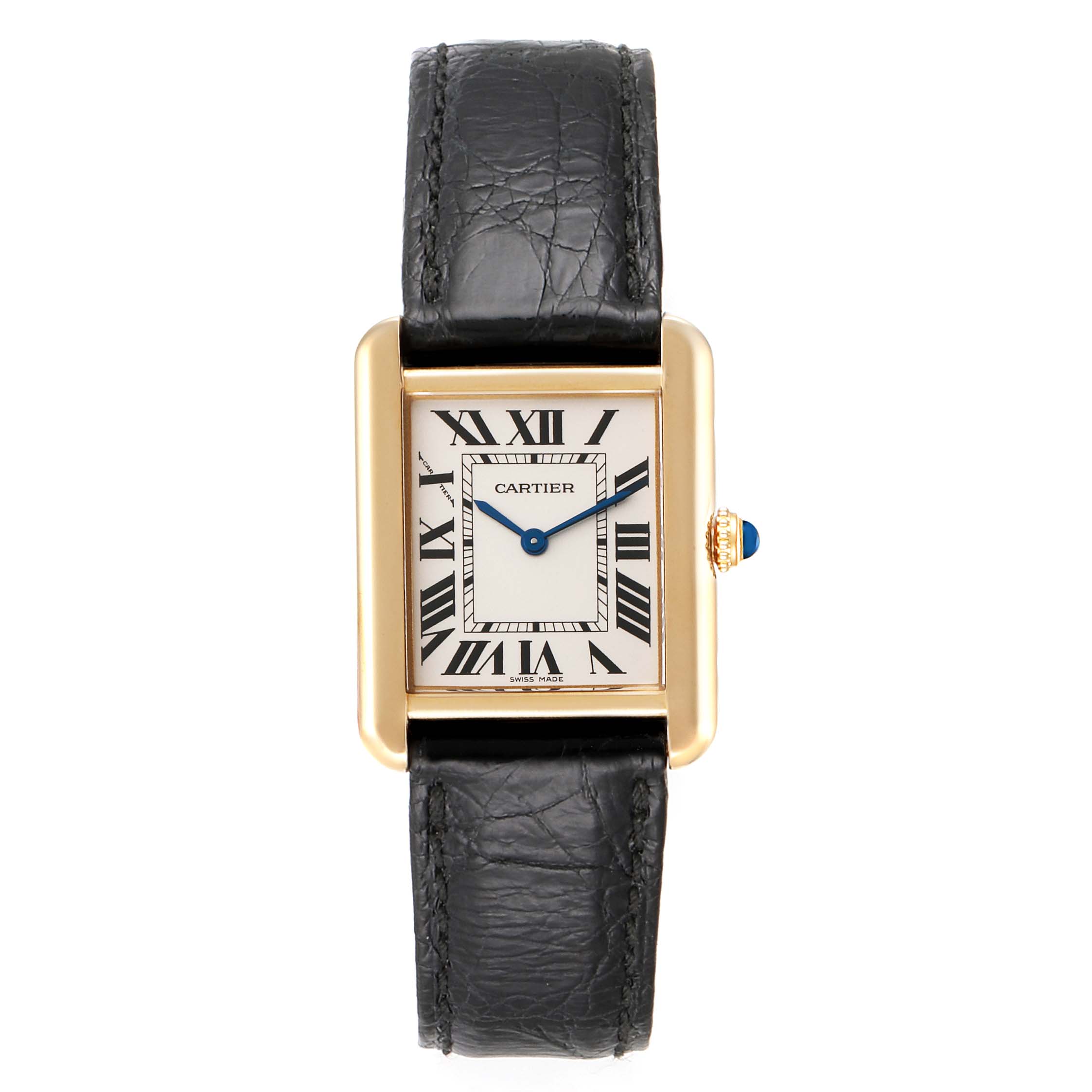 This image shows a Cartier Tank Solo 290730PL Women
s Yellow Gold Silver Dial 290730PL Women
s Yellow Gold Silver Dial watch in a front view, featuring its rectangular dial, Roman numerals, and black leather strap.