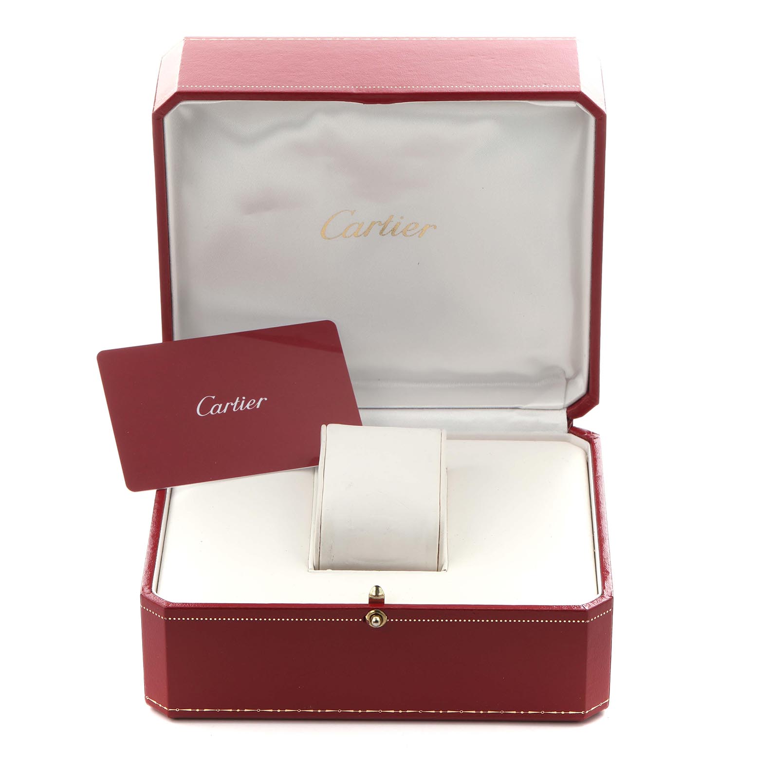 The image shows the packaging for a Cartier Tank Solo W5200002 Women
s Steel and Gold (two tone) Silver Dial W5200002 Women
s Steel and Gold (two tone) Silver Dial, including a red box and a branded card.