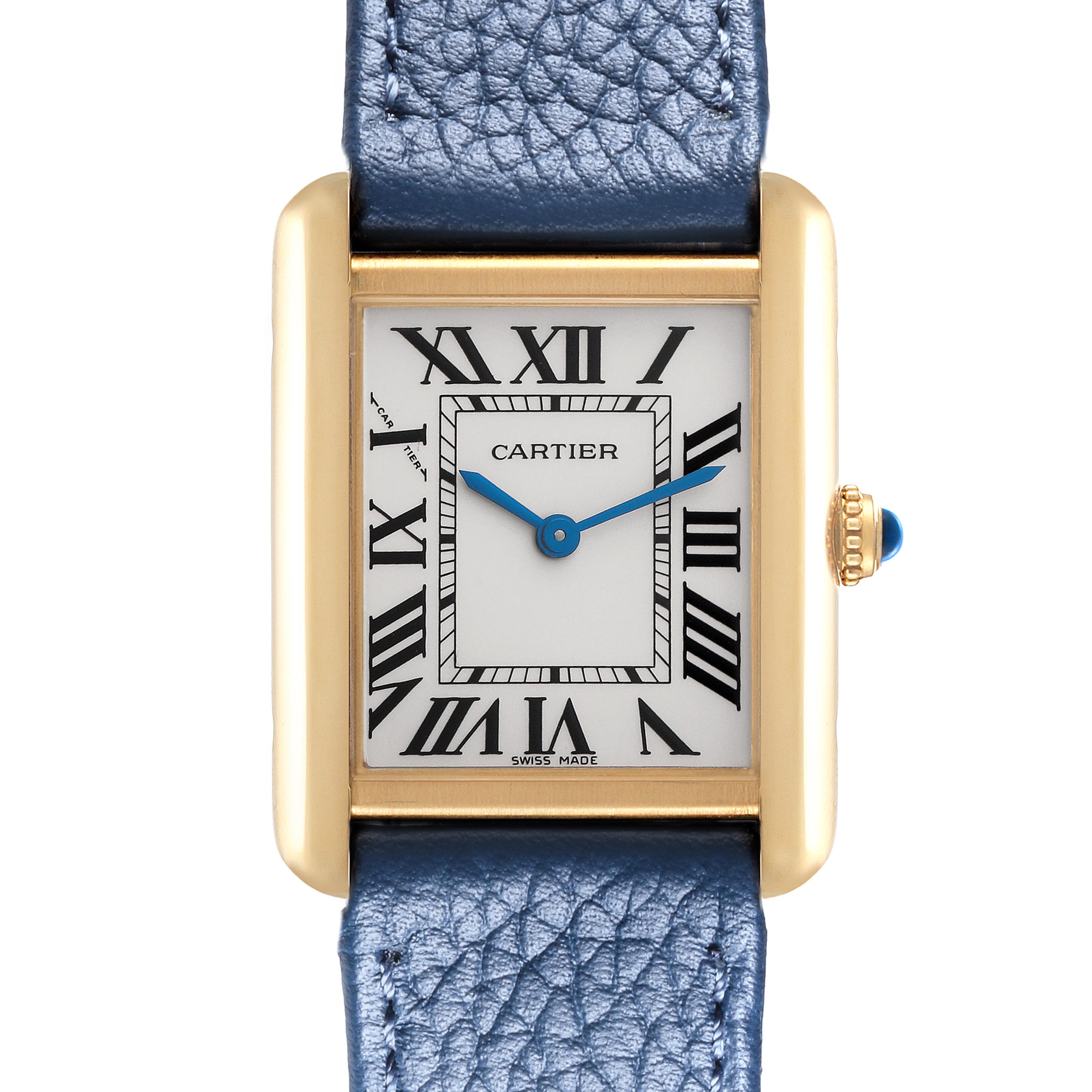 The Cartier Tank Solo W5200002 Women
s Steel and Gold (two tone) Silver Dial W5200002 Women
s Steel and Gold (two tone) Silver Dial watch is shown from the front, featuring its rectangular face, roman numerals, blue hands, and leather strap.