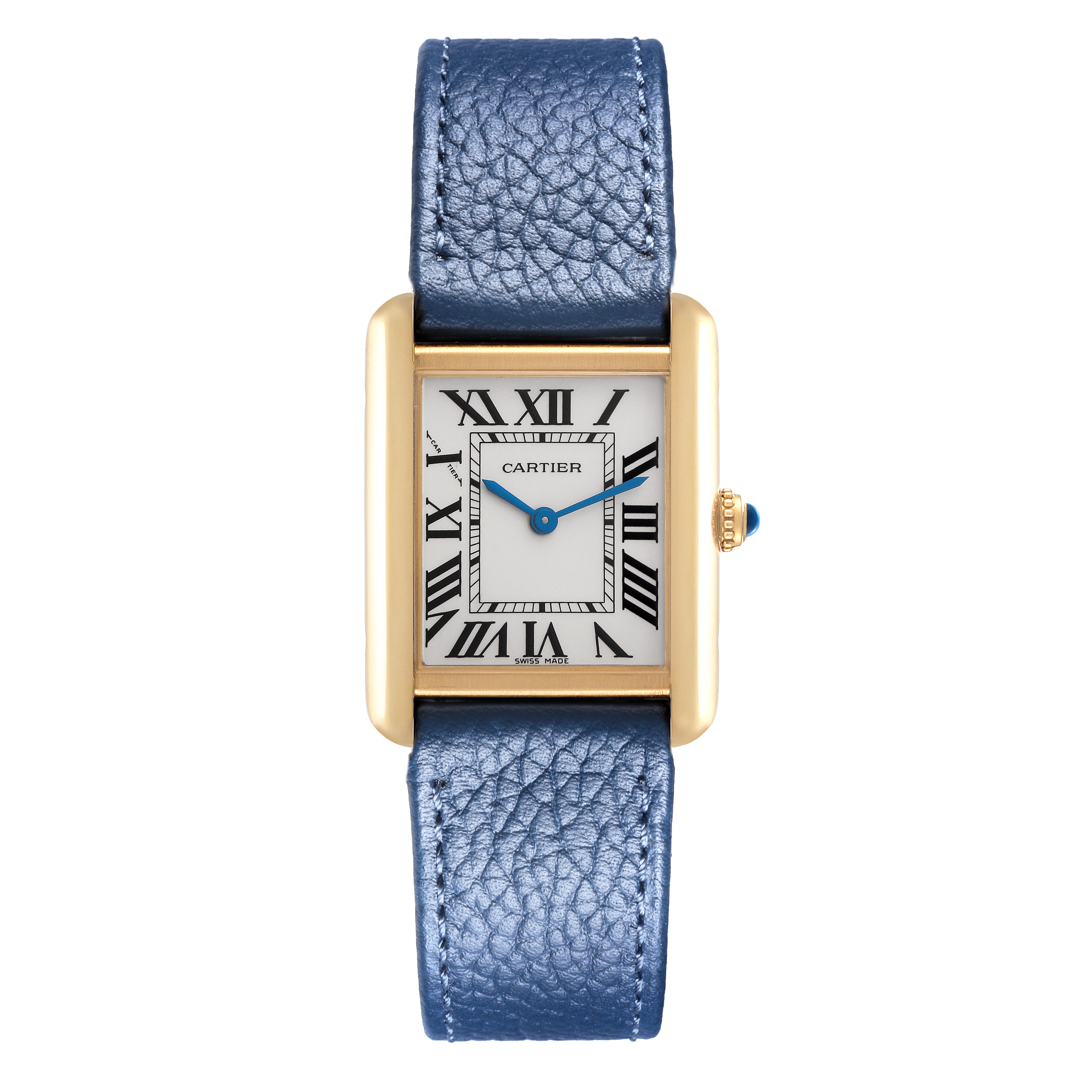 The Cartier Tank Solo W5200002 Women
s Steel and Gold (two tone) Silver Dial W5200002 Women
s Steel and Gold (two tone) Silver Dial watch is shown from a top view, highlighting the face, case, blue strap, and crown.