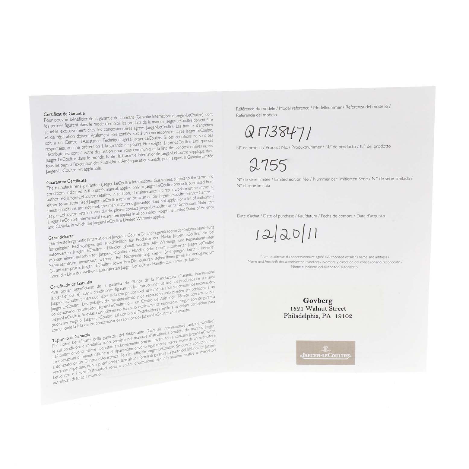 The image shows an open warranty certificate card for the Jaeger-LeCoultre Master model watch.