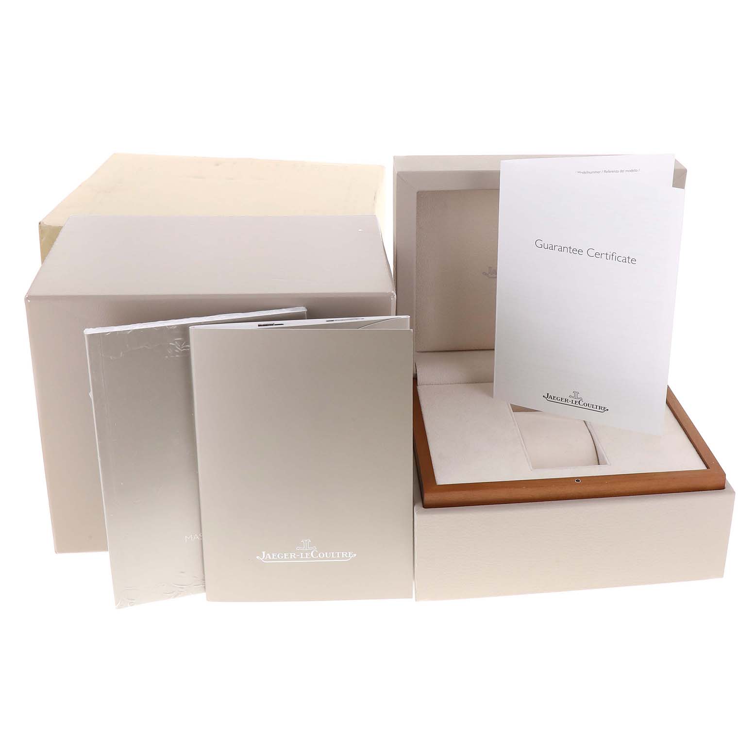 The image shows the packaging, manuals, and guarantee certificate for a Jaeger LeCoultre Master Q1738471 Men
s Stainless Steel Black Dial Q1738471 Men
s Stainless Steel Black Dial model watch.