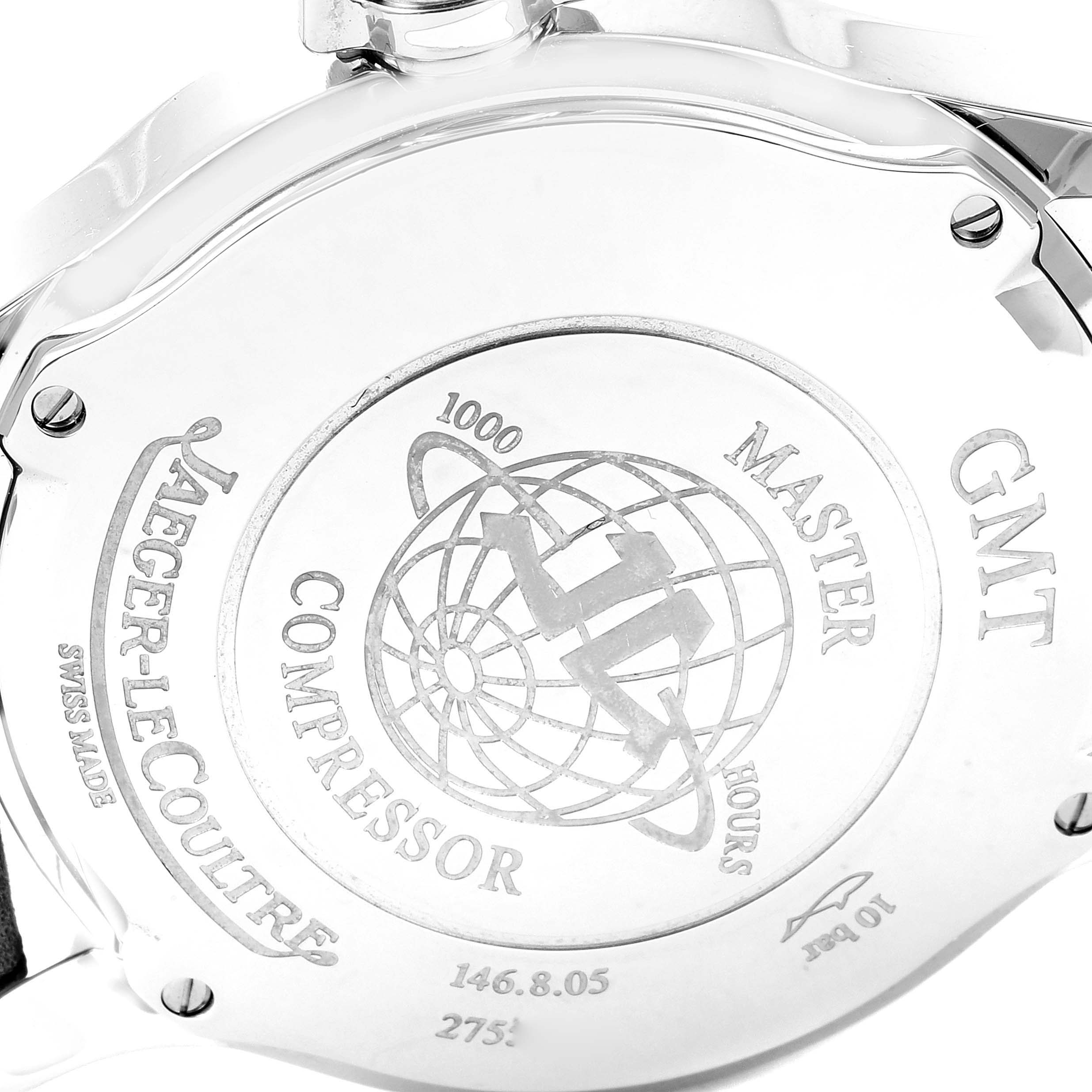 This image shows the back case engraving of the Jaeger-LeCoultre Master Compressor GMT watch.