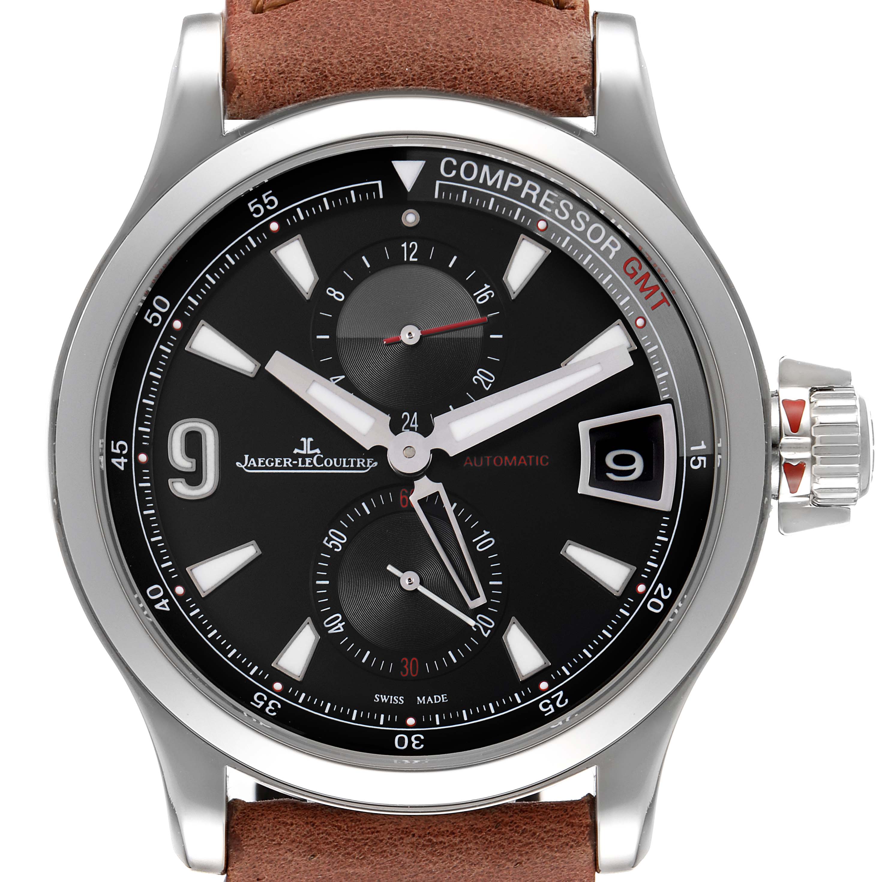 This Jaeger LeCoultre Master Q1738471 Men
s Stainless Steel Black Dial Q1738471 Men
s Stainless Steel Black Dial model watch is shown from the front, featuring its dial, case, crown, and part of the leather strap.