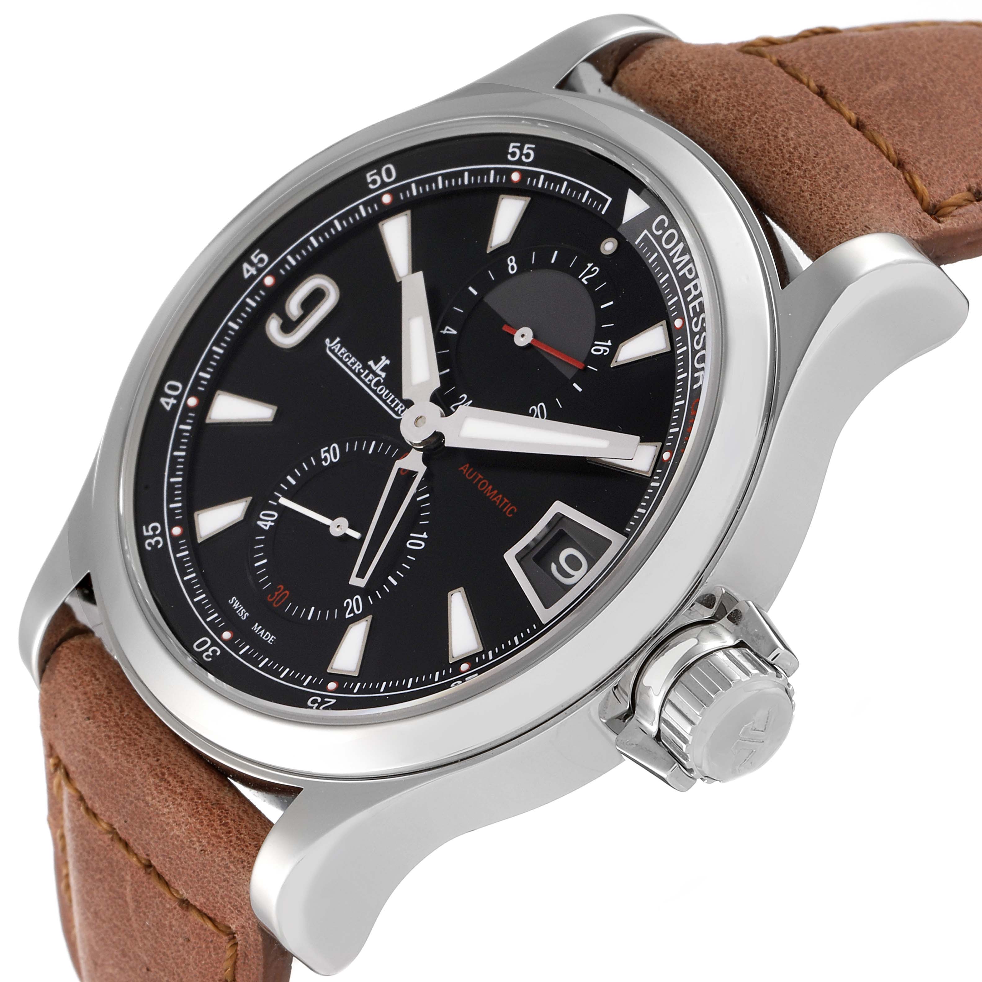 The image shows a Jaeger-LeCoultre Master watch at a three-quarter view, highlighting the black dial, crown, and brown leather strap.