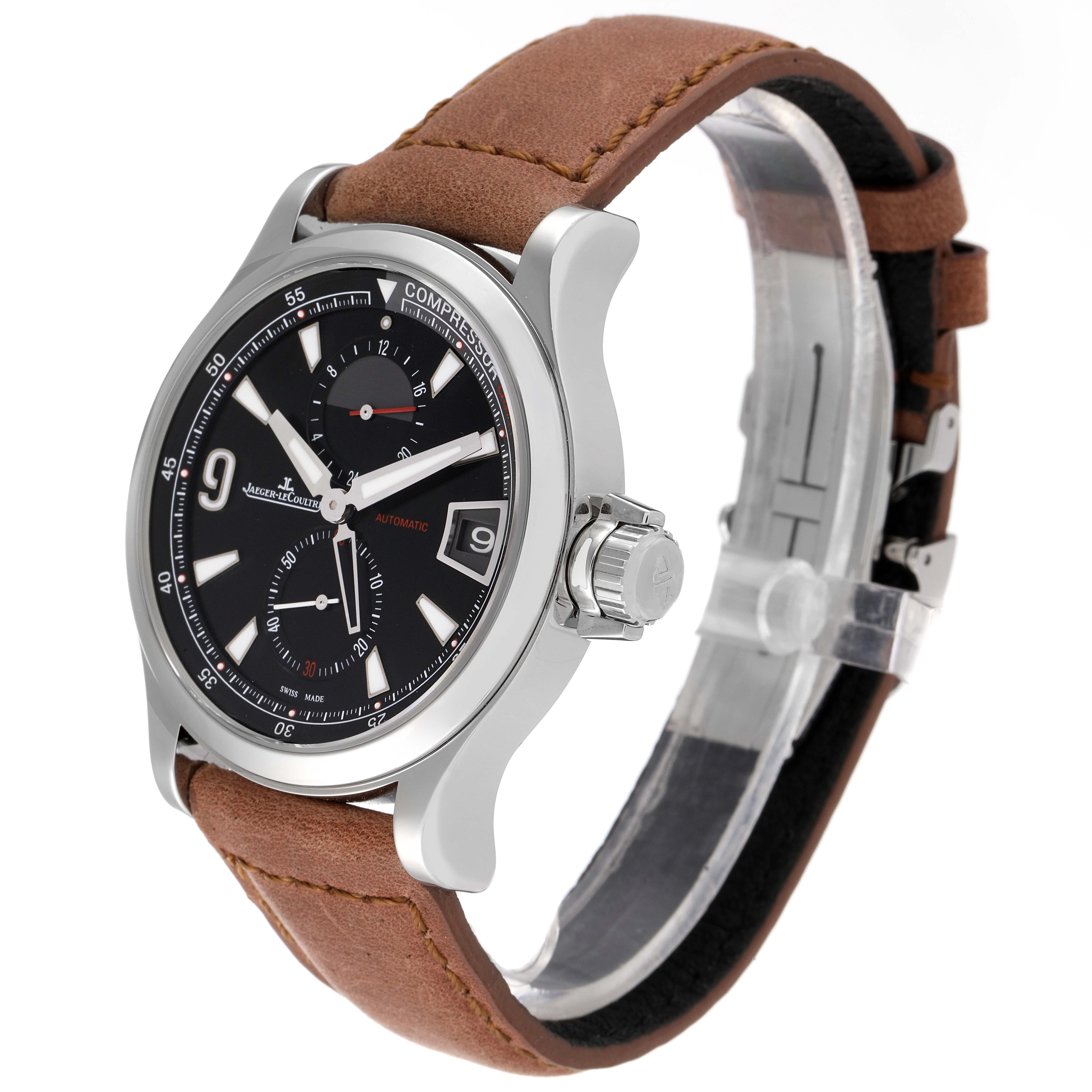 This Jaeger LeCoultre Master Q1738471 Men
s Stainless Steel Black Dial Q1738471 Men
s Stainless Steel Black Dial watch is angled to show the face, case, crown, and brown leather strap.