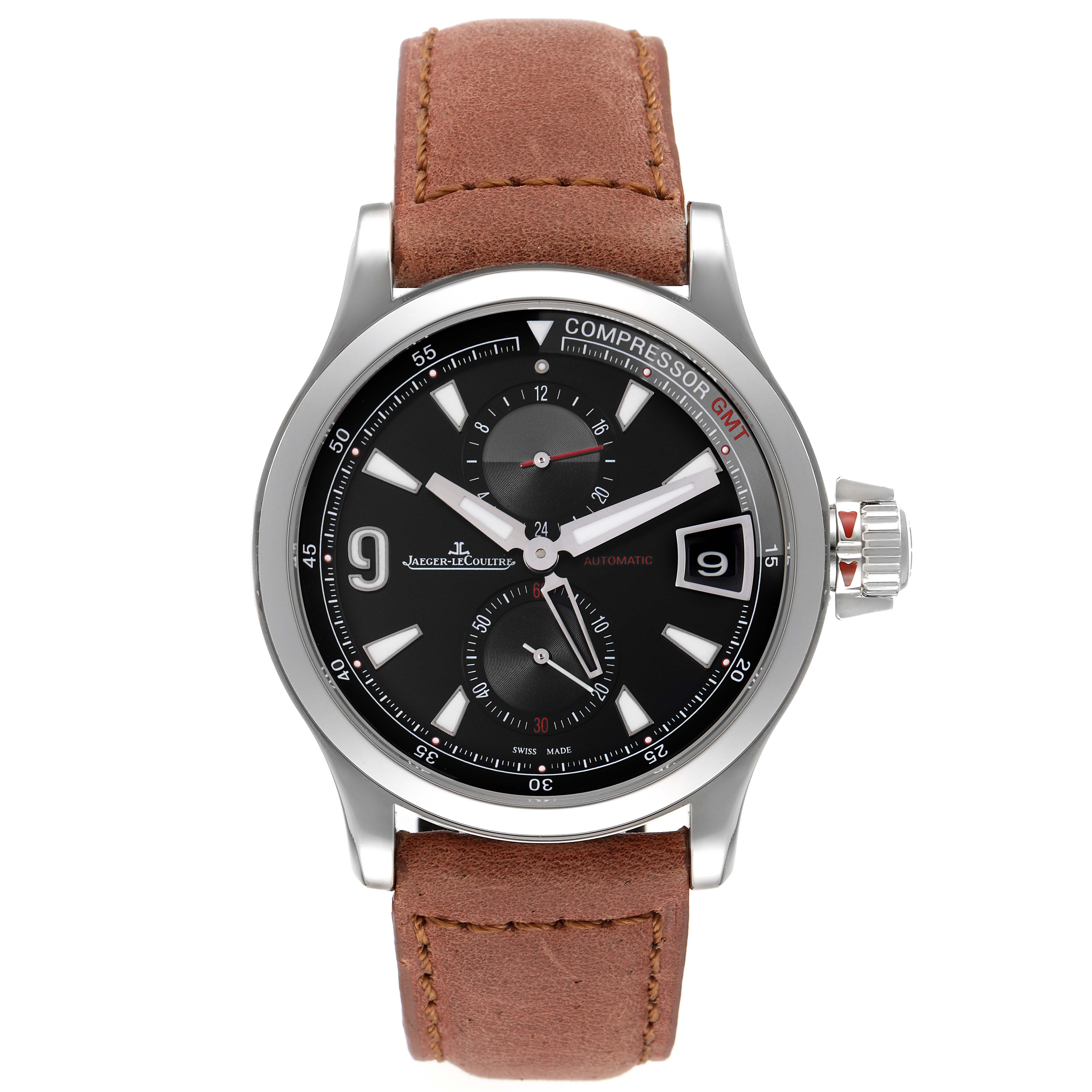 The Jaeger LeCoultre Master Q1738471 Men
s Stainless Steel Black Dial Q1738471 Men
s Stainless Steel Black Dial model watch is shown from the front, highlighting its dial, bezel, and leather strap.