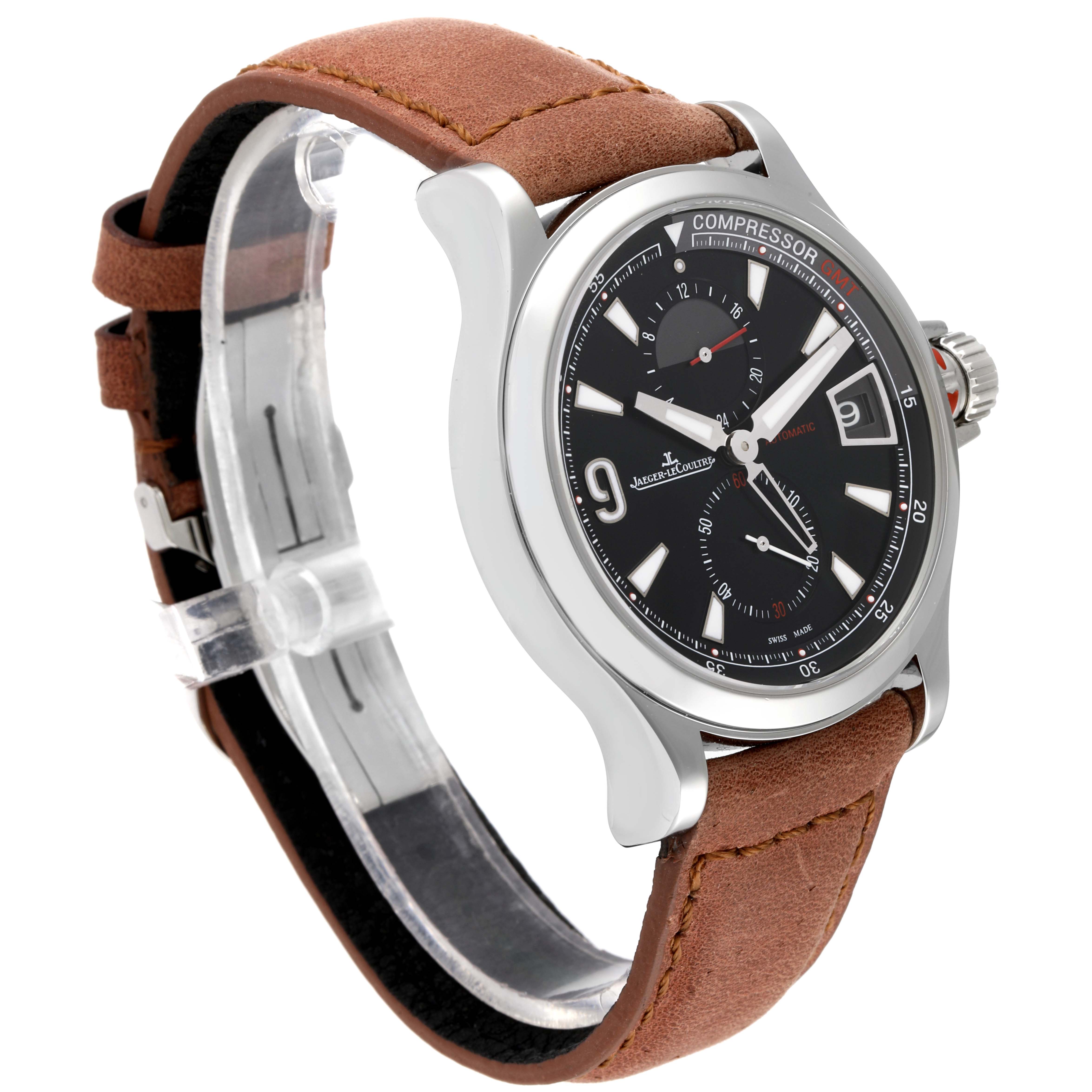 The Jaeger LeCoultre Master Q1738471 Men
s Stainless Steel Black Dial Q1738471 Men
s Stainless Steel Black Dial watch is shown at a slight angle, displaying its black dial, brown leather strap, and side crown.