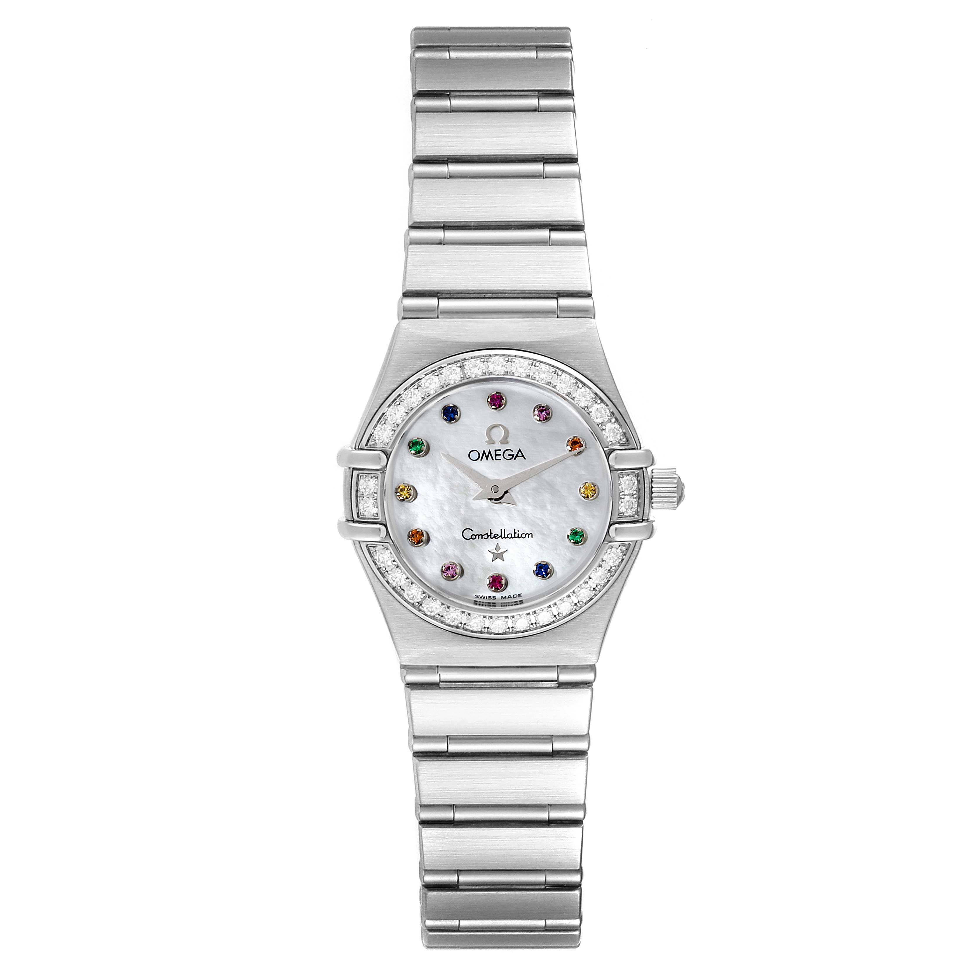 The image shows the Omega 1460.79.00 Women's Stainless Steel Mother of Pearl Dial 1460.79.00 Women's Stainless Steel Mother of Pearl Dial Constellation Iris Mother of Pearl Multi Stone Steel Ladies Watch (model 1460.79.00) from a top-down angle.