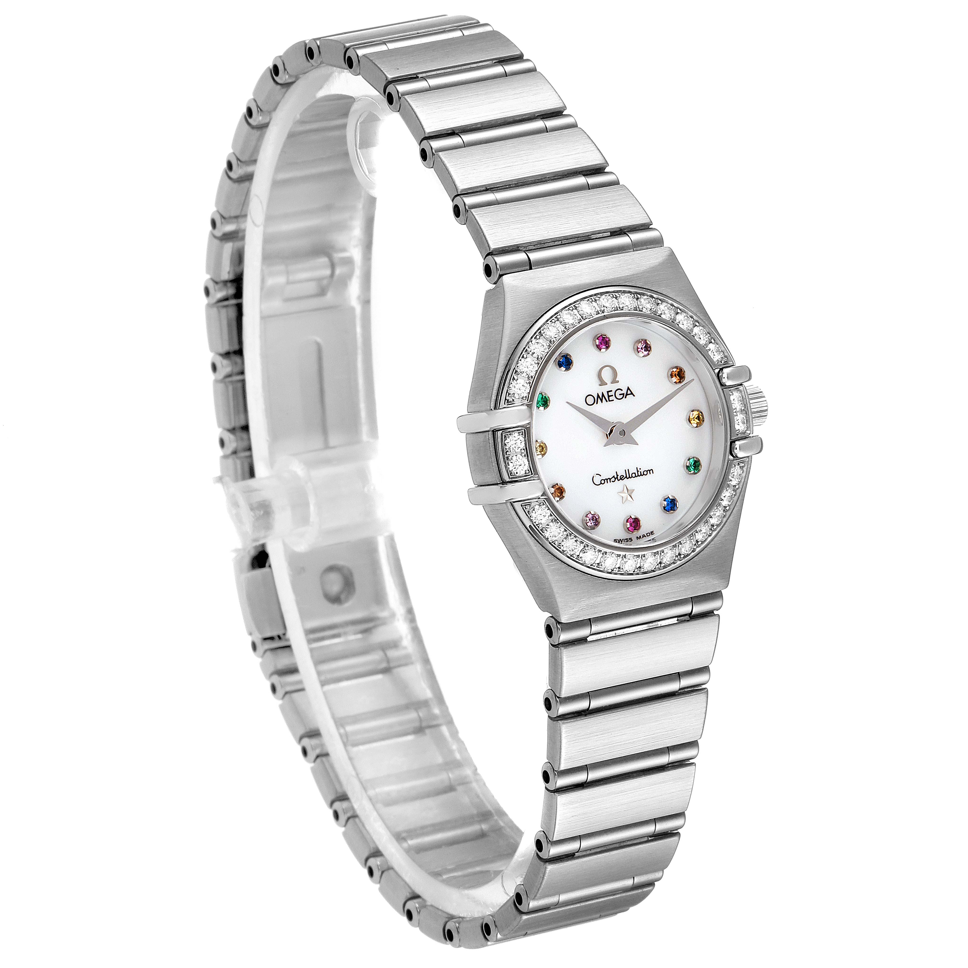 The image shows an Omega 1460.79.00 Women's Stainless Steel Mother of Pearl Dial 1460.79.00 Women's Stainless Steel Mother of Pearl Dial Constellation Iris Mother of Pearl Multi Stone Steel Ladies Watch model 1460.79.00 at an angle highlighting the face and bracelet.