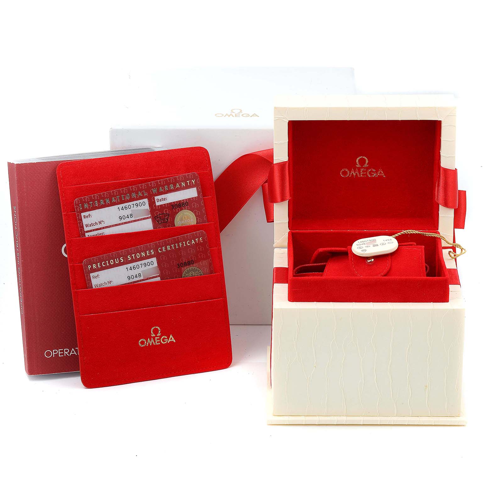 The image shows the Omega 1460.79.00 Women's Stainless Steel Mother of Pearl Dial 1460.79.00 Women's Stainless Steel Mother of Pearl Dial Constellation Iris Mother of Pearl Multi Stone Steel Ladies Watch 1460.79.00 with its box and warranty cards.