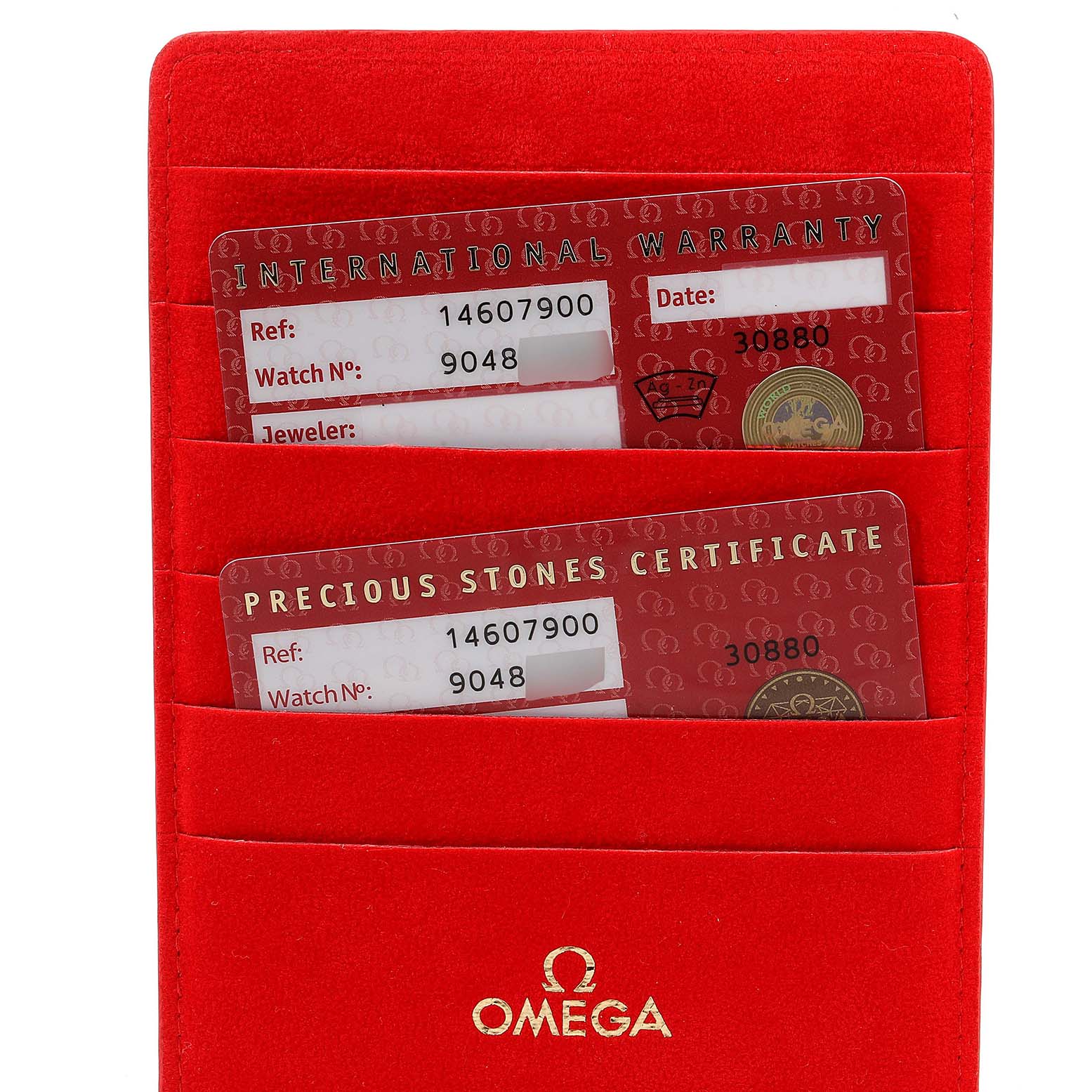 The image shows the warranty and precious stones certificate cards in a red Omega 1460.79.00 Women's Stainless Steel Mother of Pearl Dial 1460.79.00 Women's Stainless Steel Mother of Pearl Dial holder for the Omega 1460.79.00 Women's Stainless Steel Mother of Pearl Dial 1460.79.00 Women's Stainless Steel Mother of Pearl Dial Constellation Iris model.