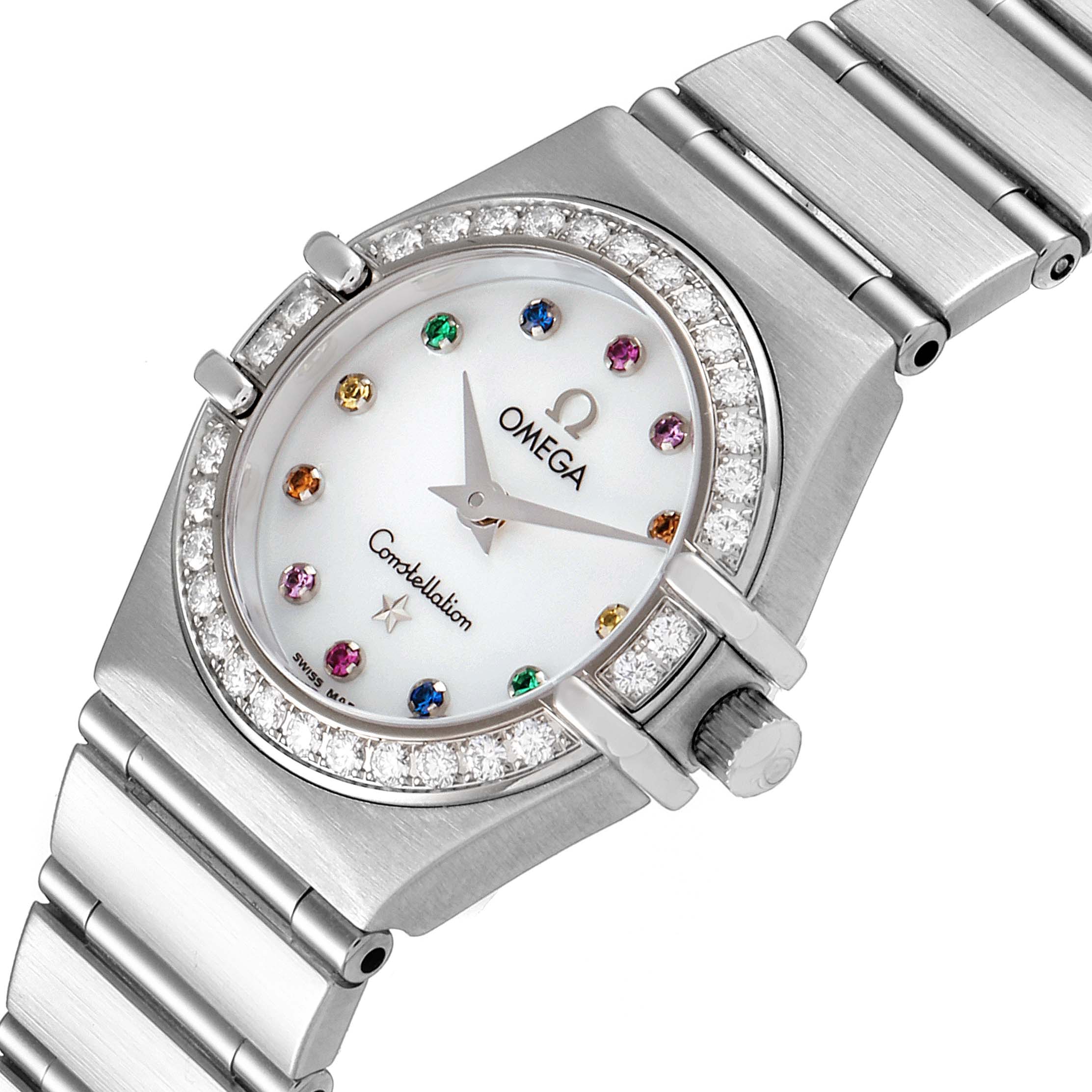This image shows the face and part of the bracelet of the Omega 1460.79.00 Women's Stainless Steel Mother of Pearl Dial 1460.79.00 Women's Stainless Steel Mother of Pearl Dial Constellation Iris Mother of Pearl Multi Stone Steel Ladies Watch 1460.79.00.