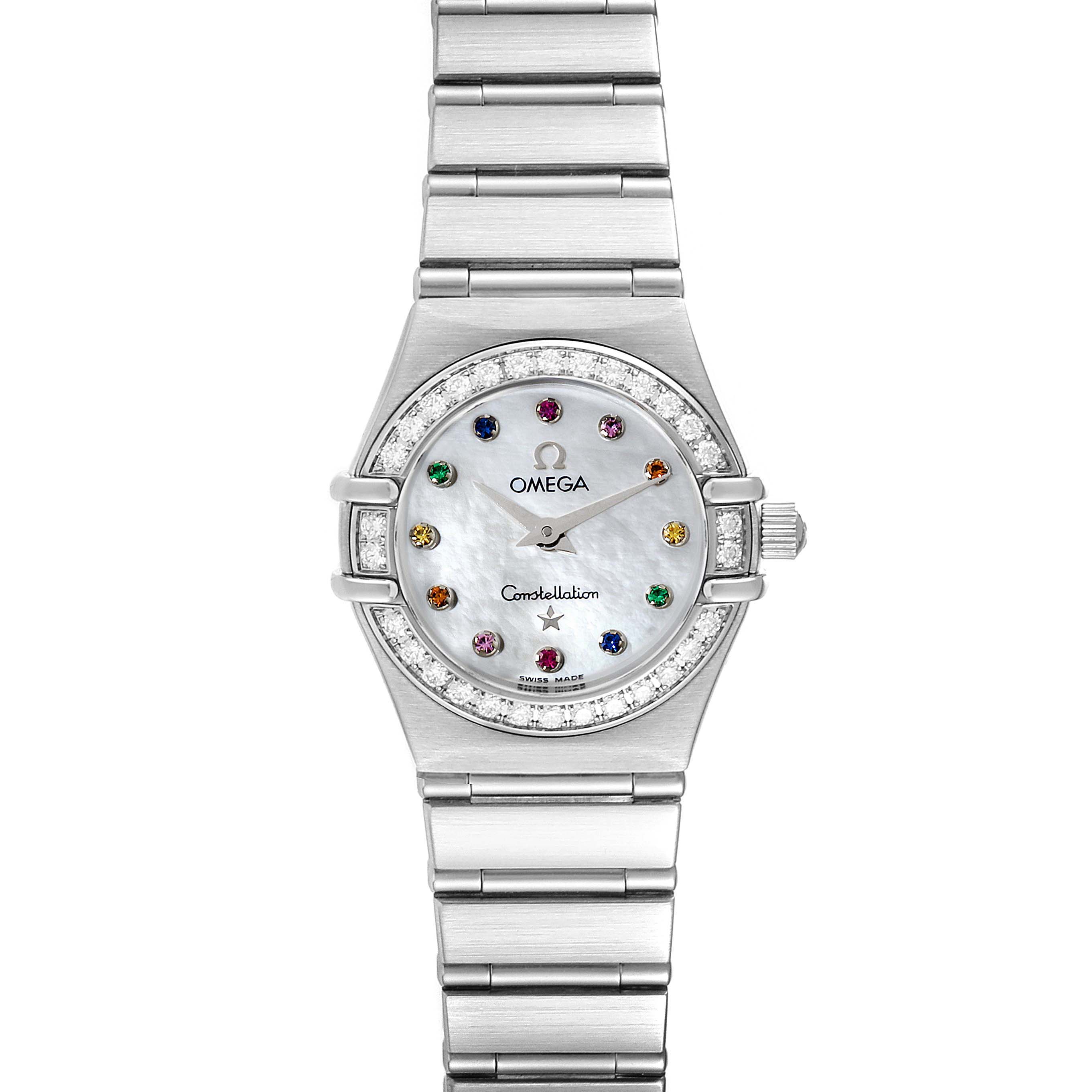 The image shows a front view of the Omega 1460.79.00 Women's Stainless Steel Mother of Pearl Dial 1460.79.00 Women's Stainless Steel Mother of Pearl Dial Constellation Iris Mother of Pearl Multi Stone Steel Ladies Watch 1460.79.00.