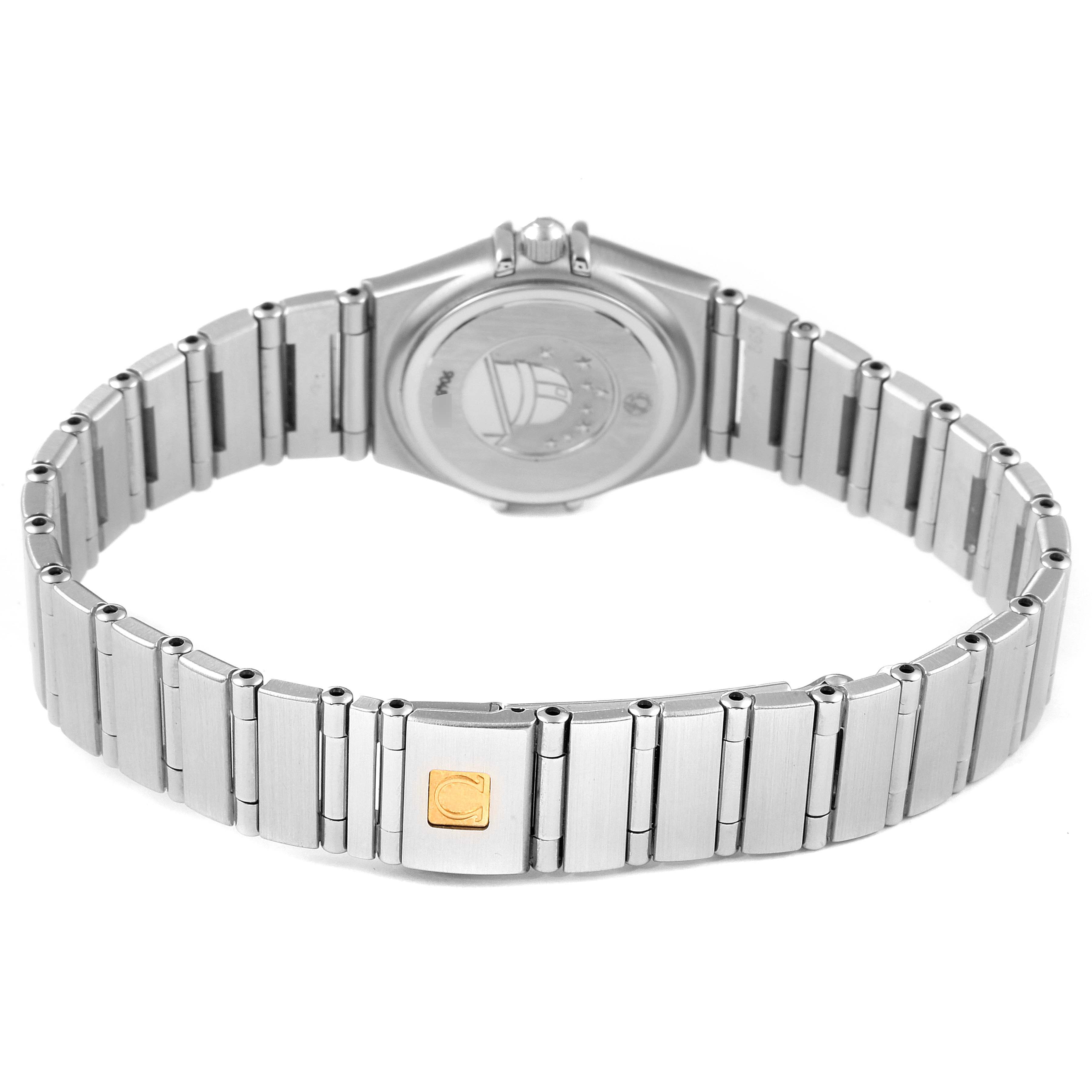 The image shows the back and bracelet of an Omega 1460.79.00 Women's Stainless Steel Mother of Pearl Dial 1460.79.00 Women's Stainless Steel Mother of Pearl Dial Constellation Iris Mother of Pearl Multi Stone Steel Ladies Watch model 1460.79.00.