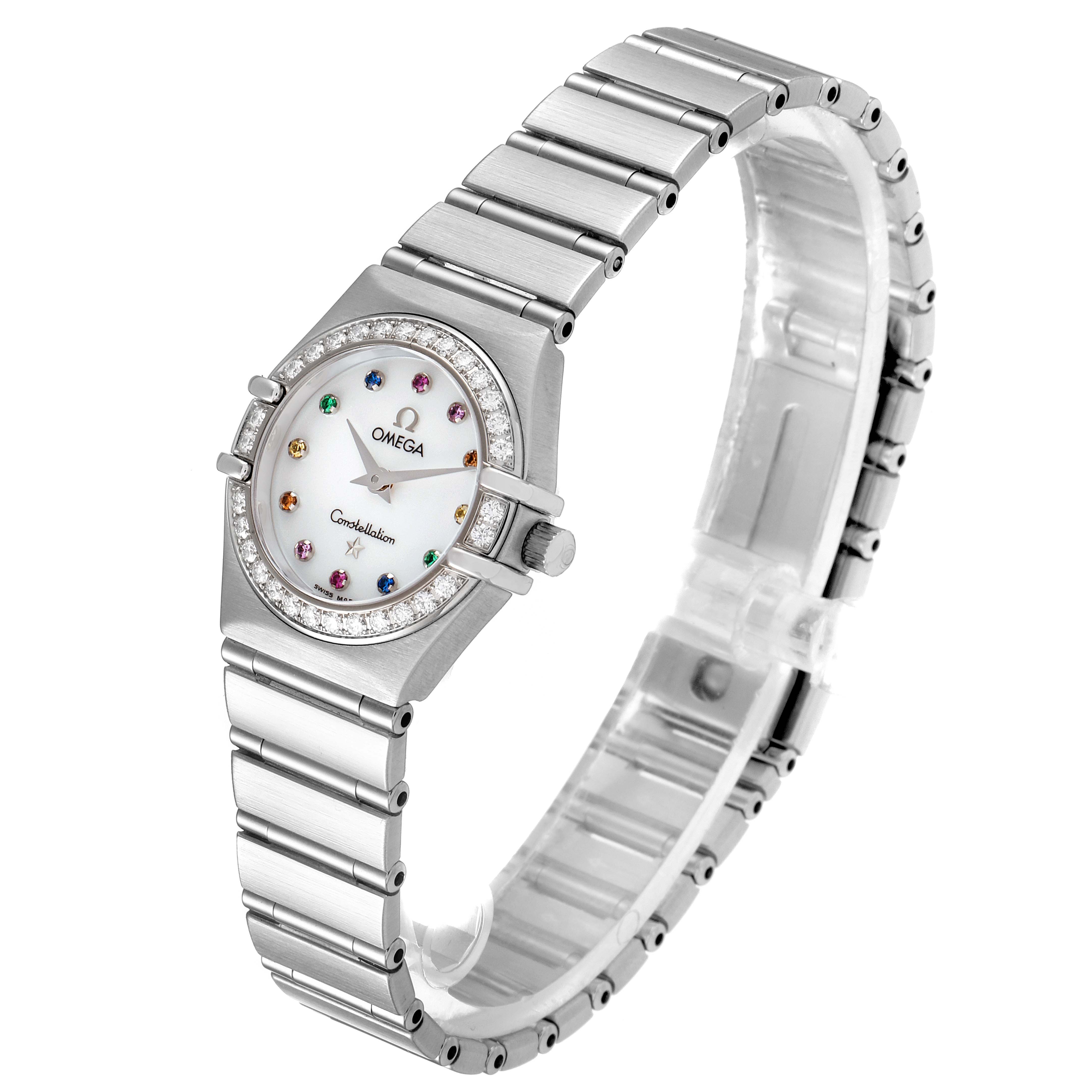 This Omega 1460.79.00 Women's Stainless Steel Mother of Pearl Dial 1460.79.00 Women's Stainless Steel Mother of Pearl Dial Constellation Iris Mother of Pearl Multi Stone Steel Ladies Watch 1460.79.00 is shown at a slight angle, highlighting the face, dial, and bracelet.