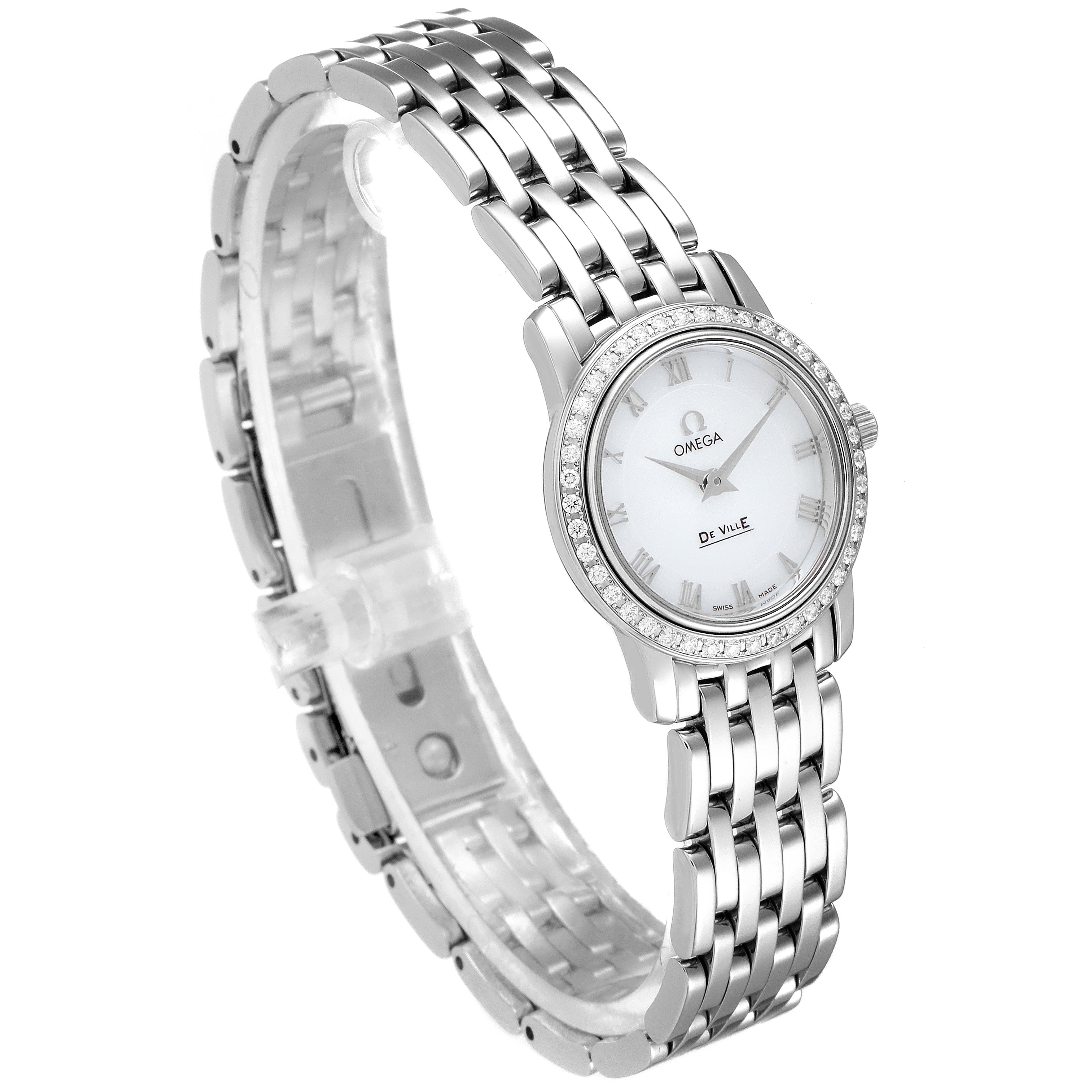 The Omega 4575.71.00 Women's Stainless Steel Mother of Pearl Dial 4575.71.00 Women's Stainless Steel Mother of Pearl Dial DeVille MOP Diamond Stainless Steel Ladies Watch 4575.71.00 is shown from a front angle, highlighting the face, bezel, and bracelet.
