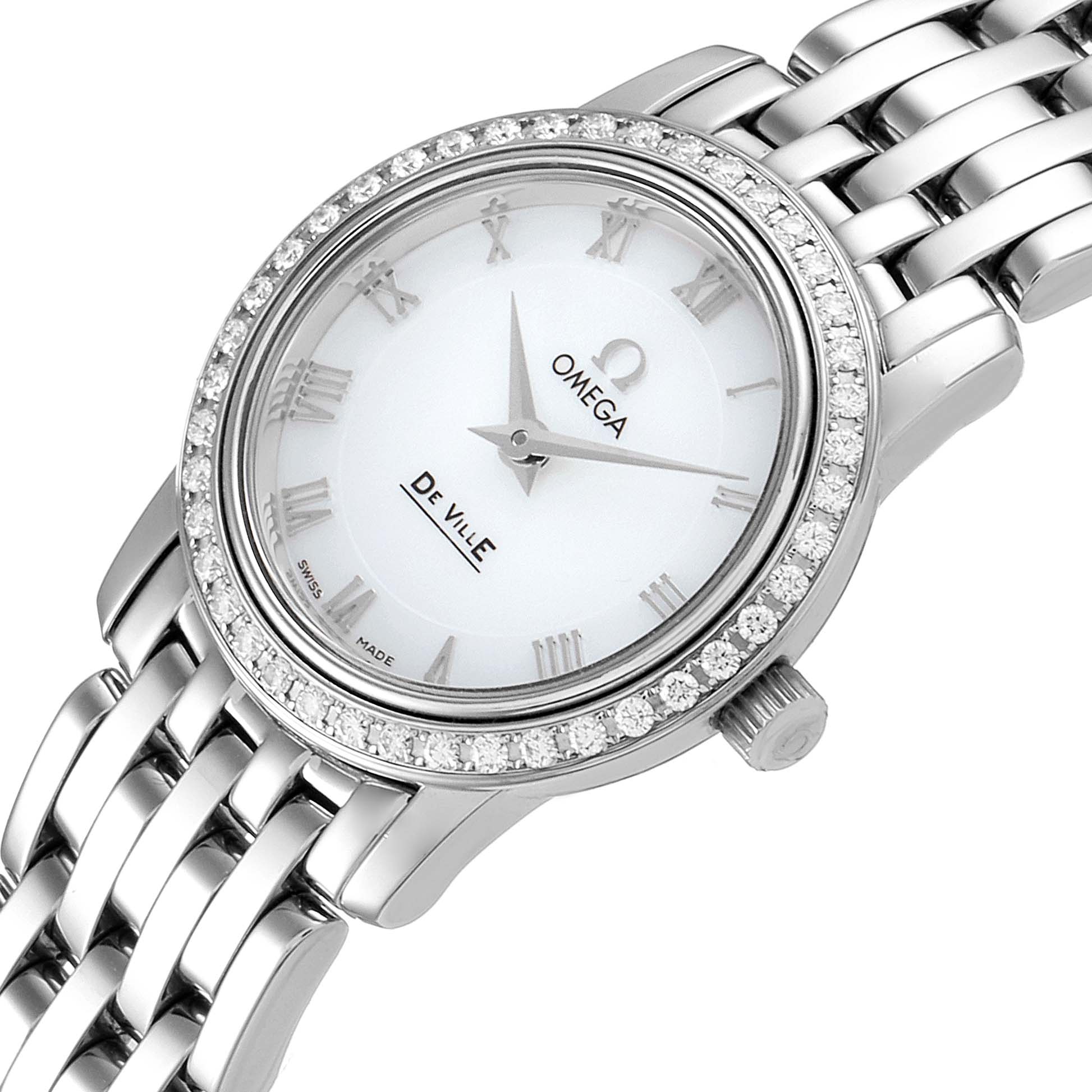 The Omega 4575.71.00 Women's Stainless Steel Mother of Pearl Dial 4575.71.00 Women's Stainless Steel Mother of Pearl Dial DeVille MOP Diamond Stainless Steel Ladies Watch 4575.71.00 is shown at an angled view highlighting the face and part of the bracelet.