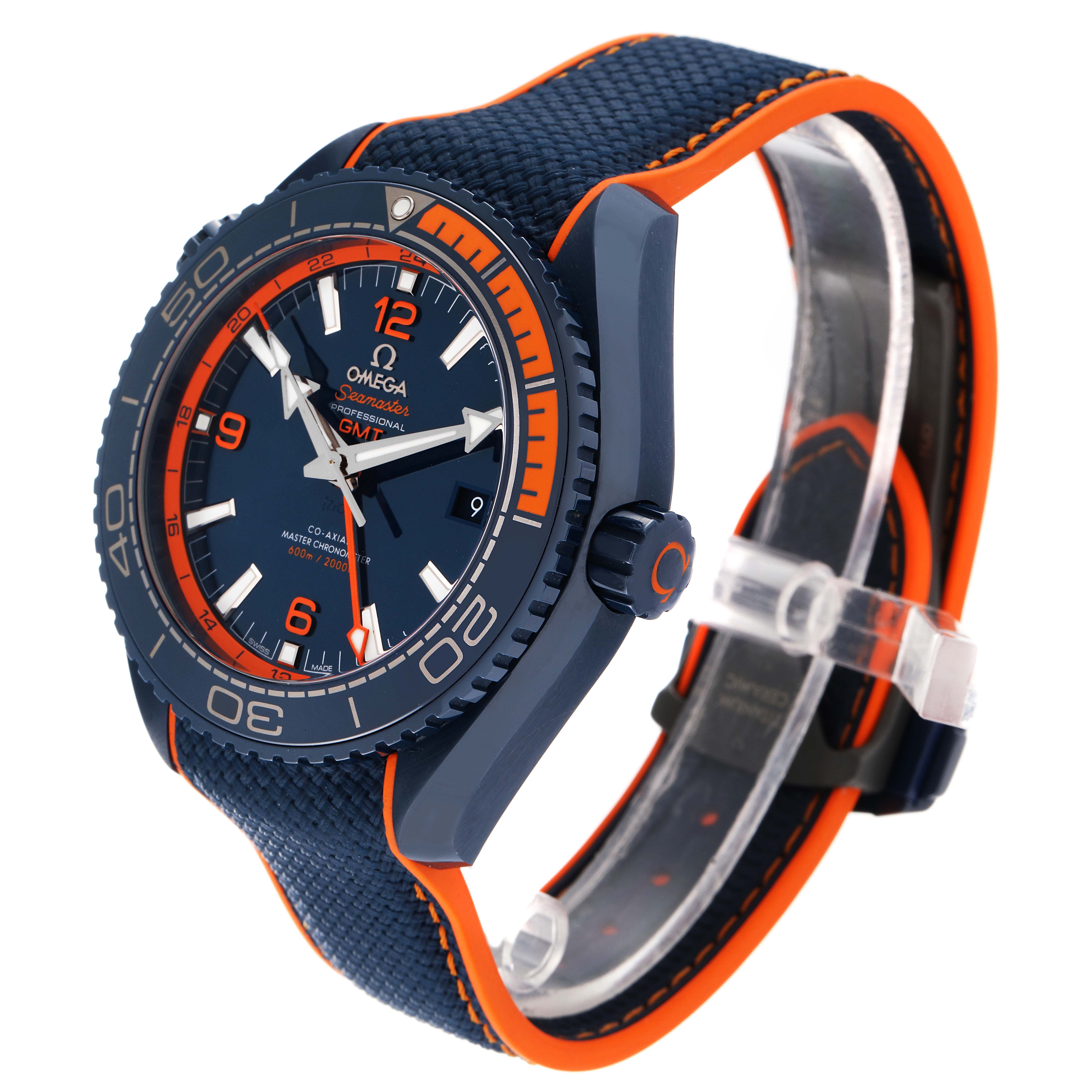 This Omega Planet Ocean 215.92.46.22.03.001 Men's Stainless Steel Blue Dial 215.92.46.22.03.001 Men's Stainless Steel Blue Dial watch is shown at a side angle, highlighting the face, bezel, crown, and strap.