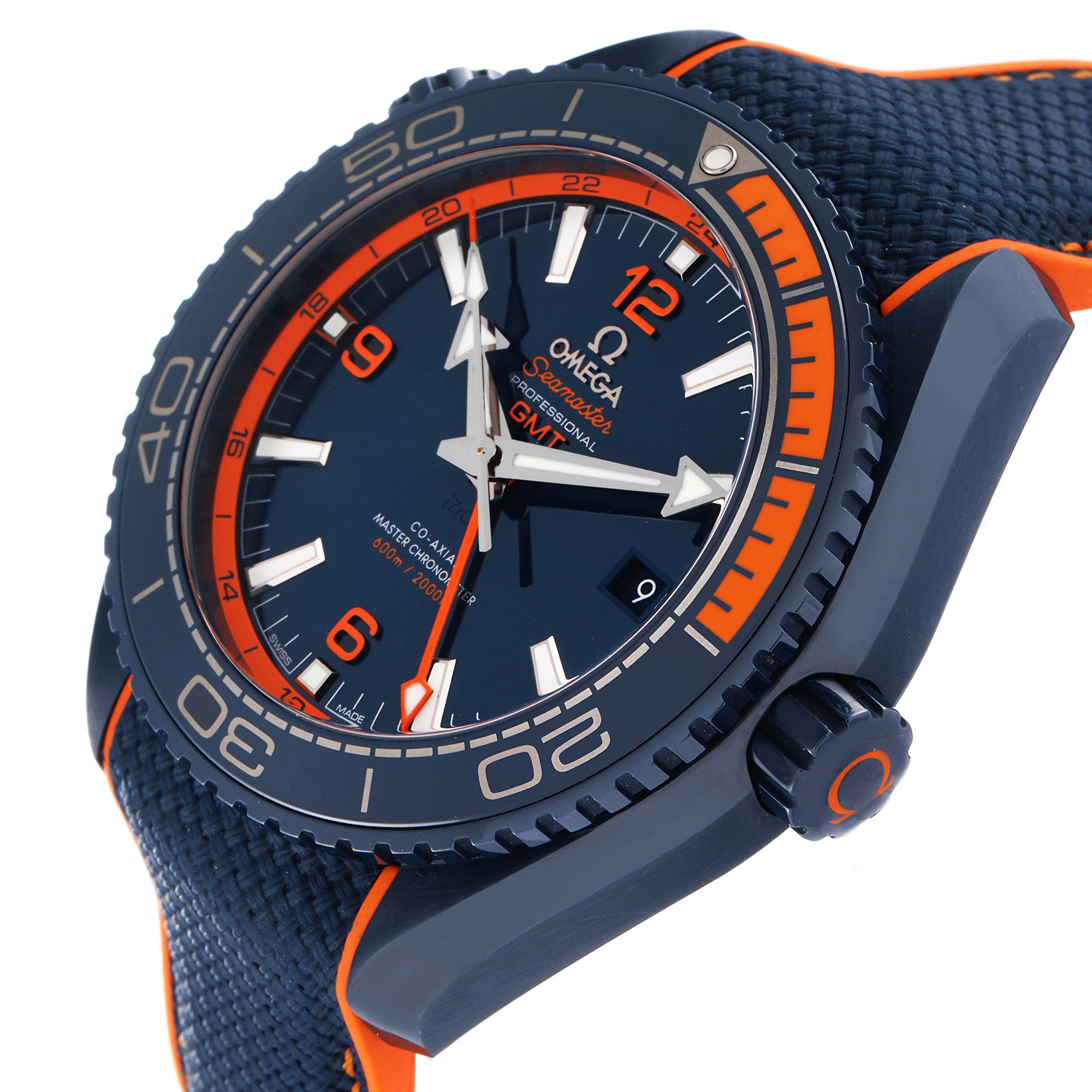 The image shows an angled close-up of the Omega Planet Ocean 215.92.46.22.03.001 Men's Stainless Steel Blue Dial 215.92.46.22.03.001 Men's Stainless Steel Blue Dial watch, focusing on the face, bezel, and part of the strap.