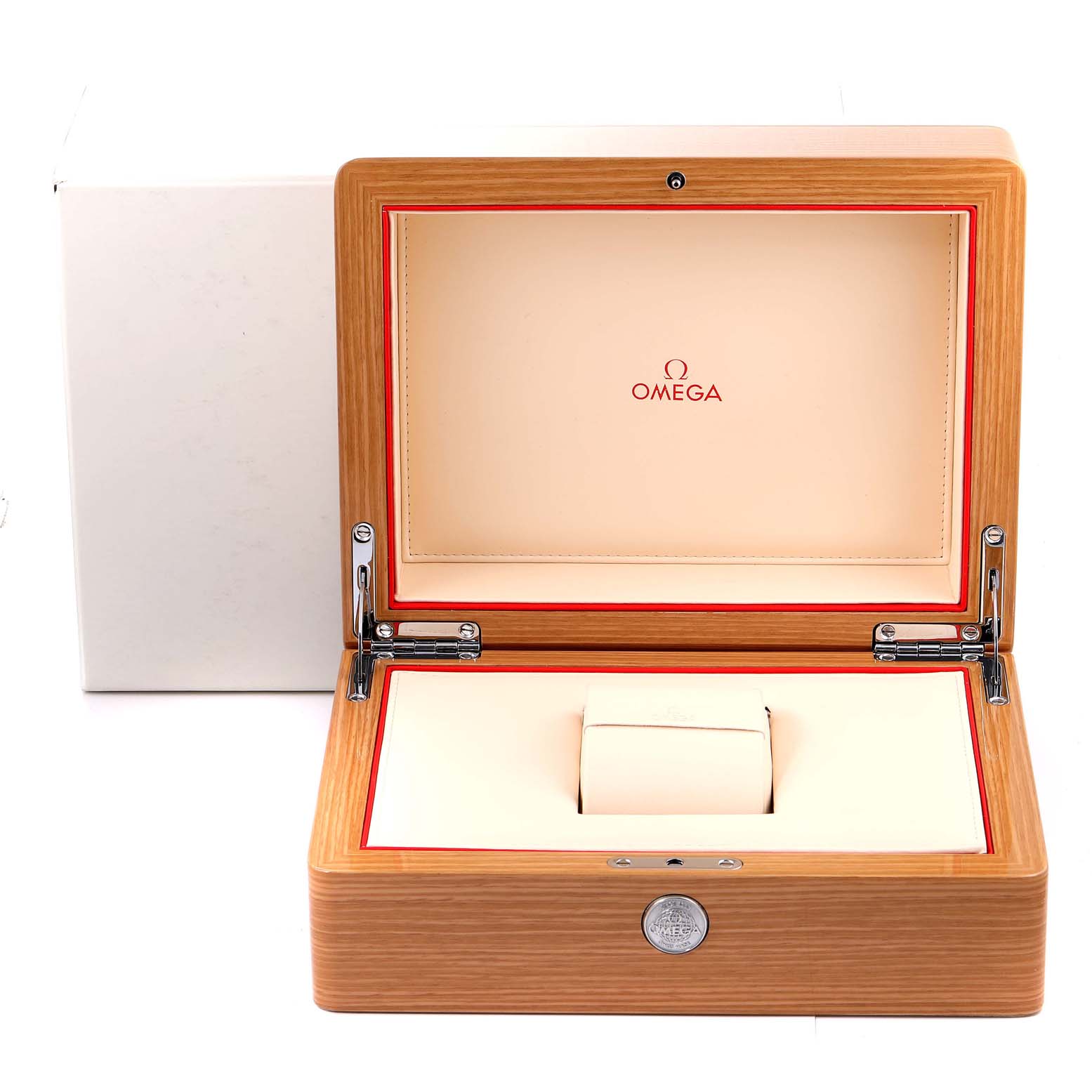 The image shows an open wooden box for the Omega Planet Ocean 215.92.46.22.03.001 Men's Stainless Steel Blue Dial 215.92.46.22.03.001 Men's Stainless Steel Blue Dial watch, displaying the inner compartment and cushion from a front angle.