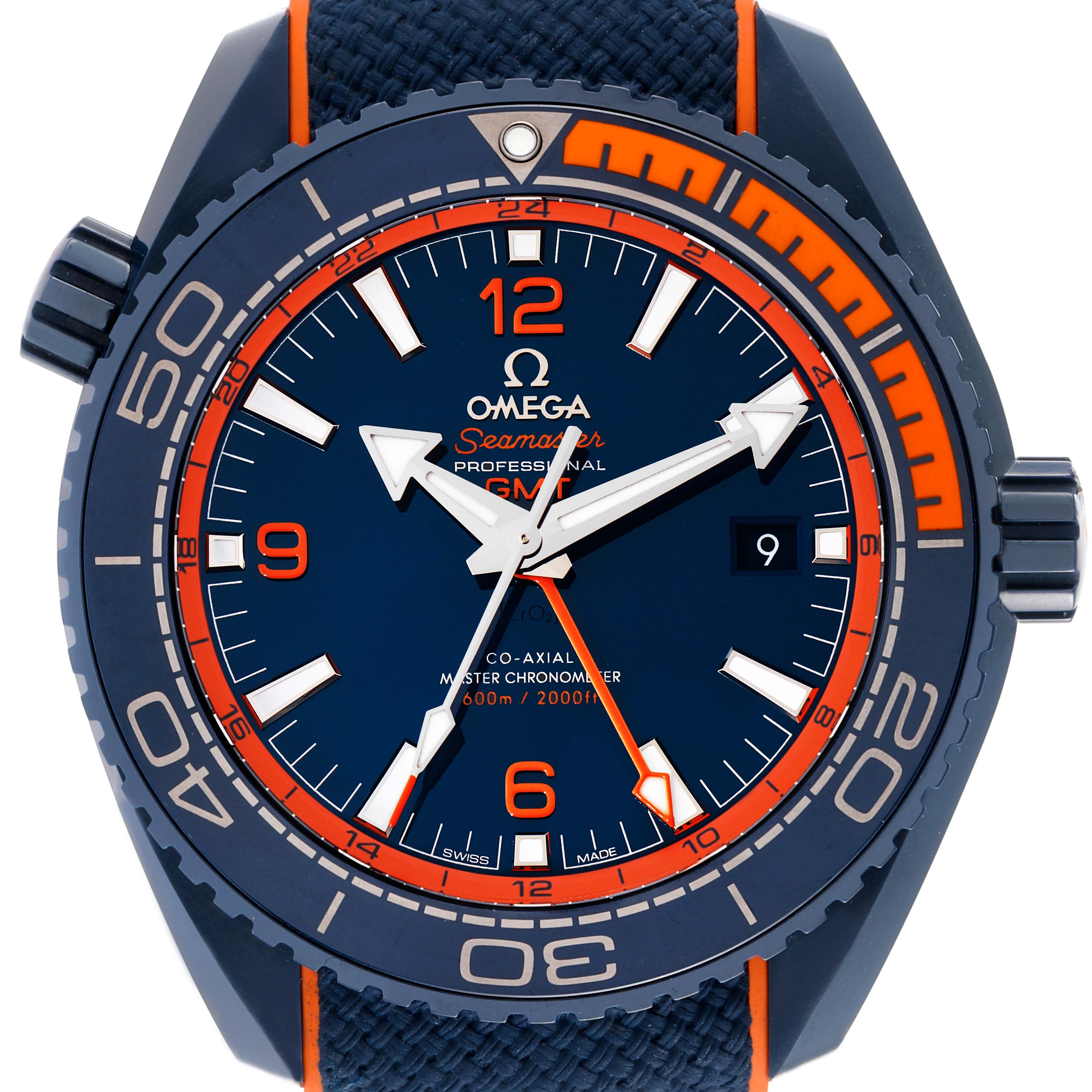 The image shows the full face of the Omega Planet Ocean 215.92.46.22.03.001 Men's Stainless Steel Blue Dial 215.92.46.22.03.001 Men's Stainless Steel Blue Dial Seamaster watch, displaying the bezel, dial, hands, and date window clearly.