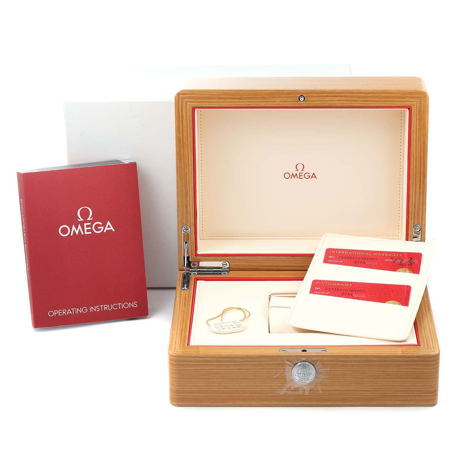 The image shows an Omega Seamaster 233.30.41.21.01.001 Men
s Stainless Steel Black Dial 233.30.41.21.01.001 Men
s Stainless Steel Black Dial watch box, warranty cards, and operating instructions from a frontal angle.