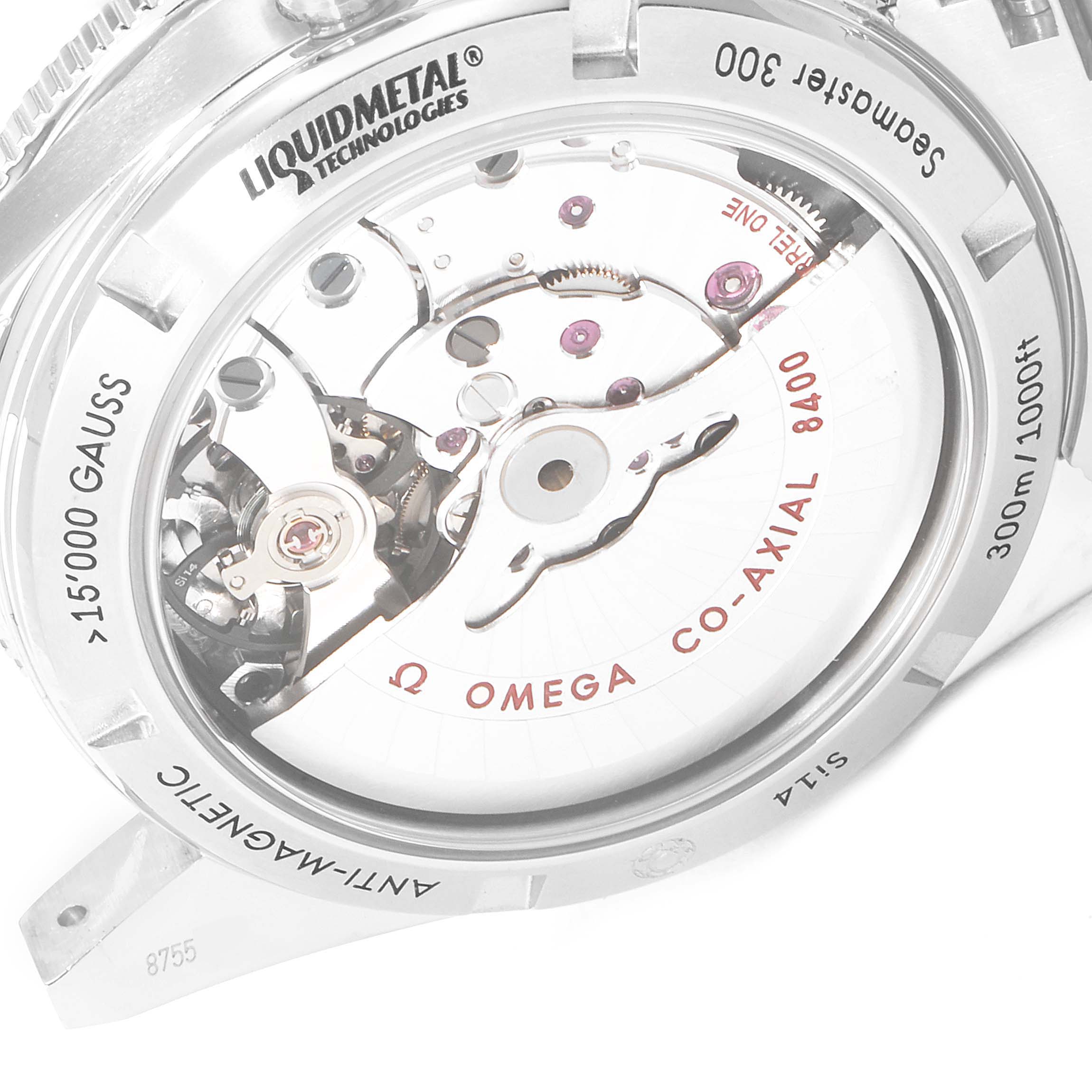 This image shows the back of the Omega Seamaster 233.30.41.21.01.001 Men
s Stainless Steel Black Dial 233.30.41.21.01.001 Men
s Stainless Steel Black Dial watch, highlighting the movement and various inscriptions.