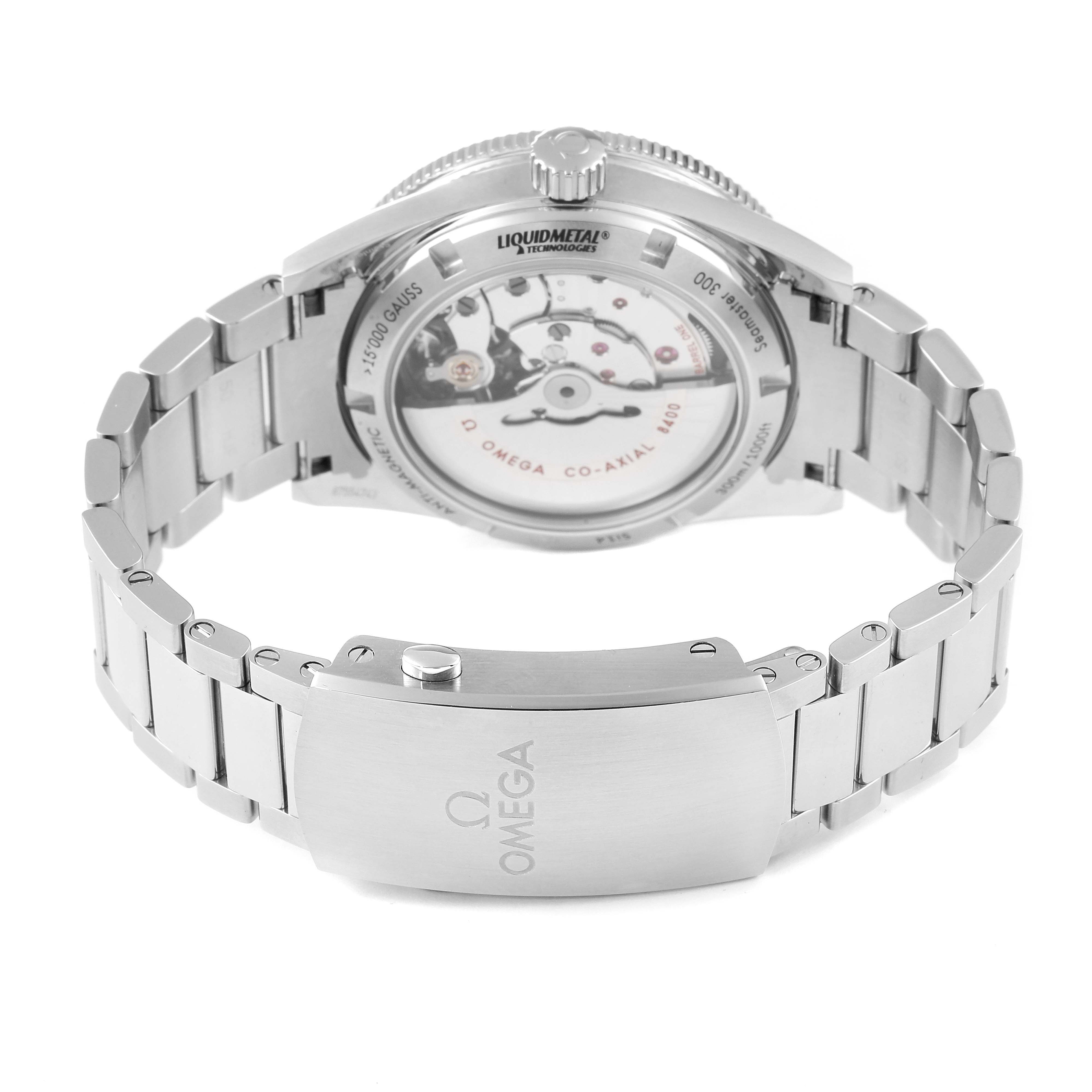 This Omega Seamaster 233.30.41.21.01.001 Men
s Stainless Steel Black Dial 233.30.41.21.01.001 Men
s Stainless Steel Black Dial watch is shown from the rear, highlighting the transparent case back, bracelet, and clasp.