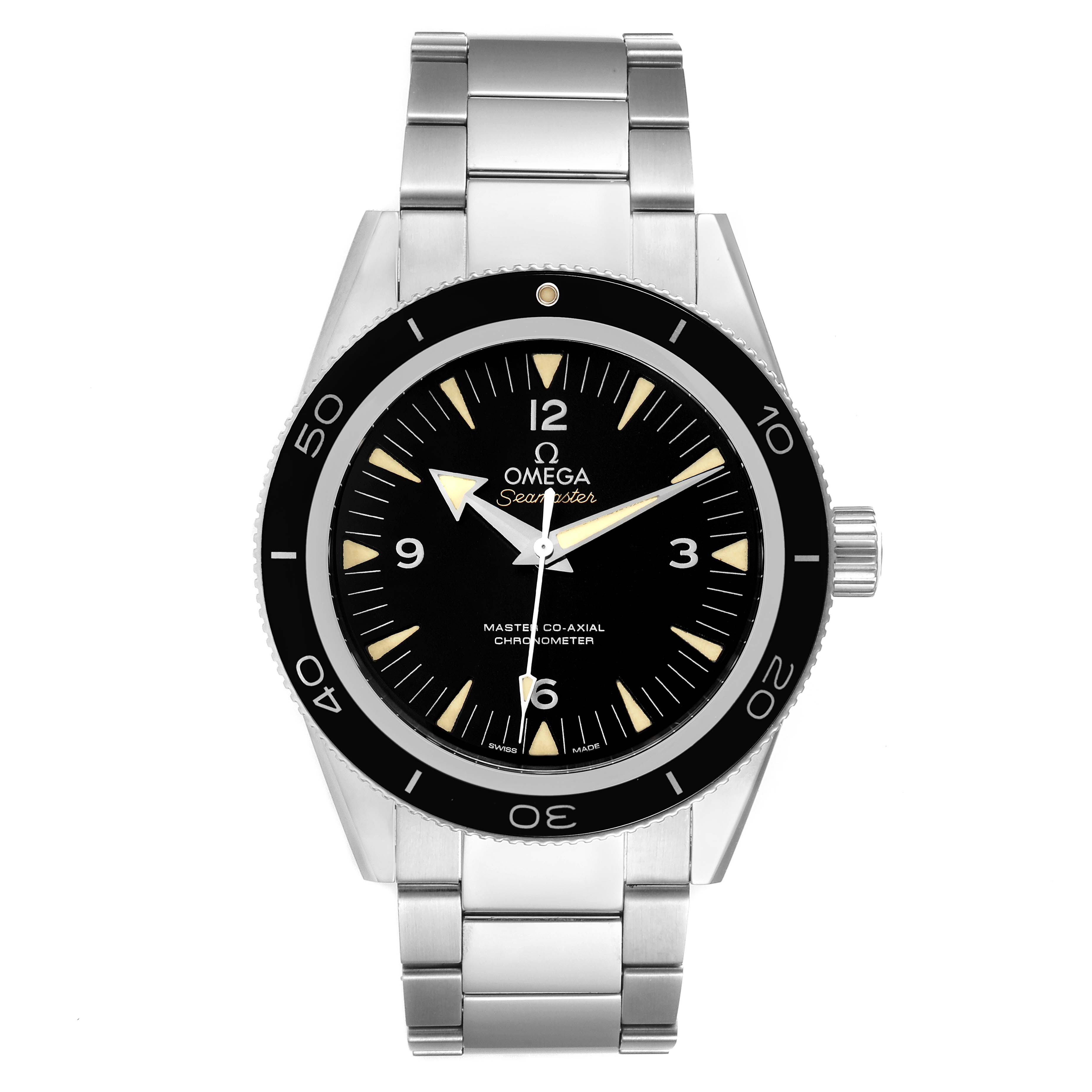 The image shows a front view of the Omega Seamaster 233.30.41.21.01.001 Men
s Stainless Steel Black Dial 233.30.41.21.01.001 Men
s Stainless Steel Black Dial watch, highlighting the face, bezel, and stainless steel bracelet.