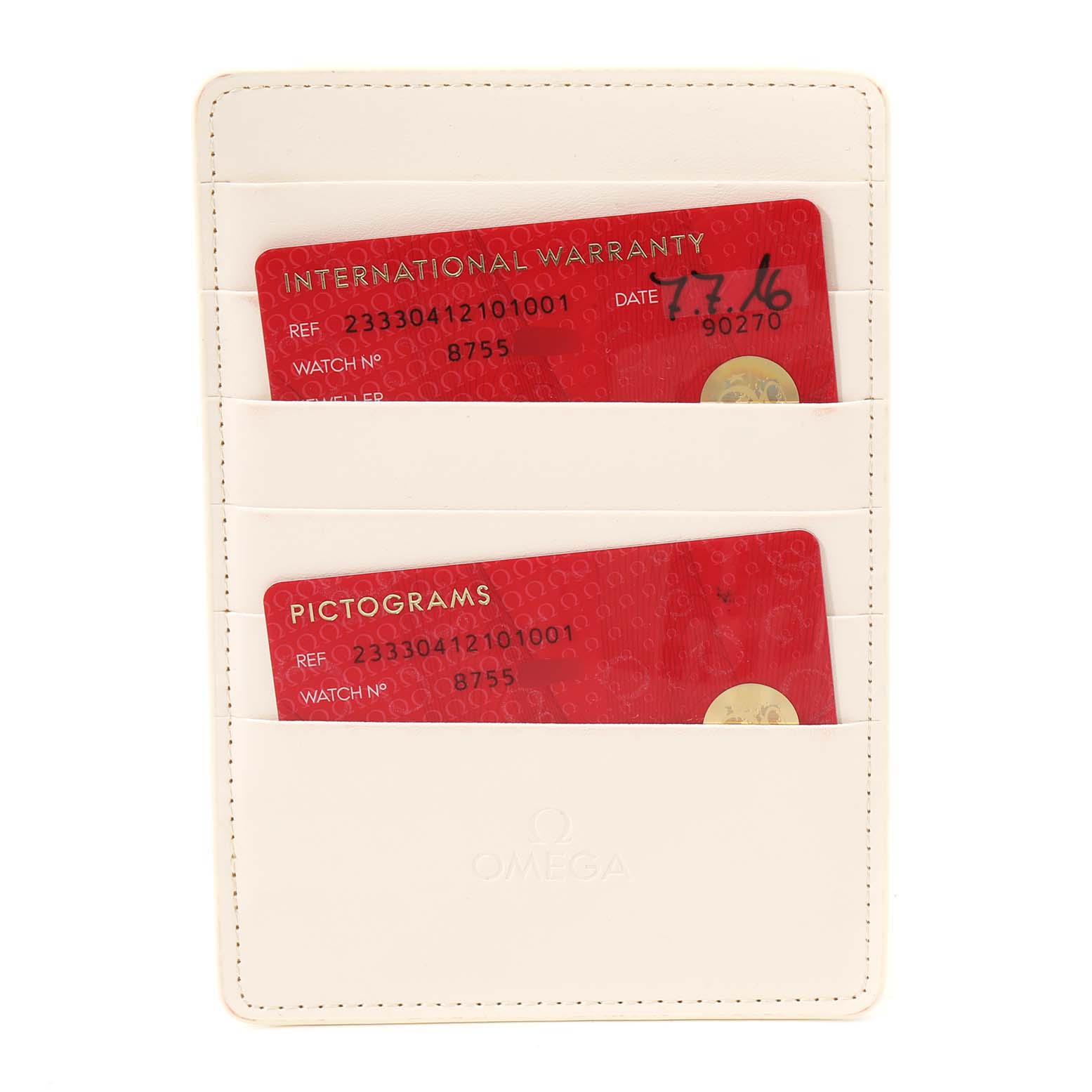 The image shows two warranty and pictogram cards for the Omega Seamaster 233.30.41.21.01.001 Men
s Stainless Steel Black Dial 233.30.41.21.01.001 Men
s Stainless Steel Black Dial watch in a white cardholder.