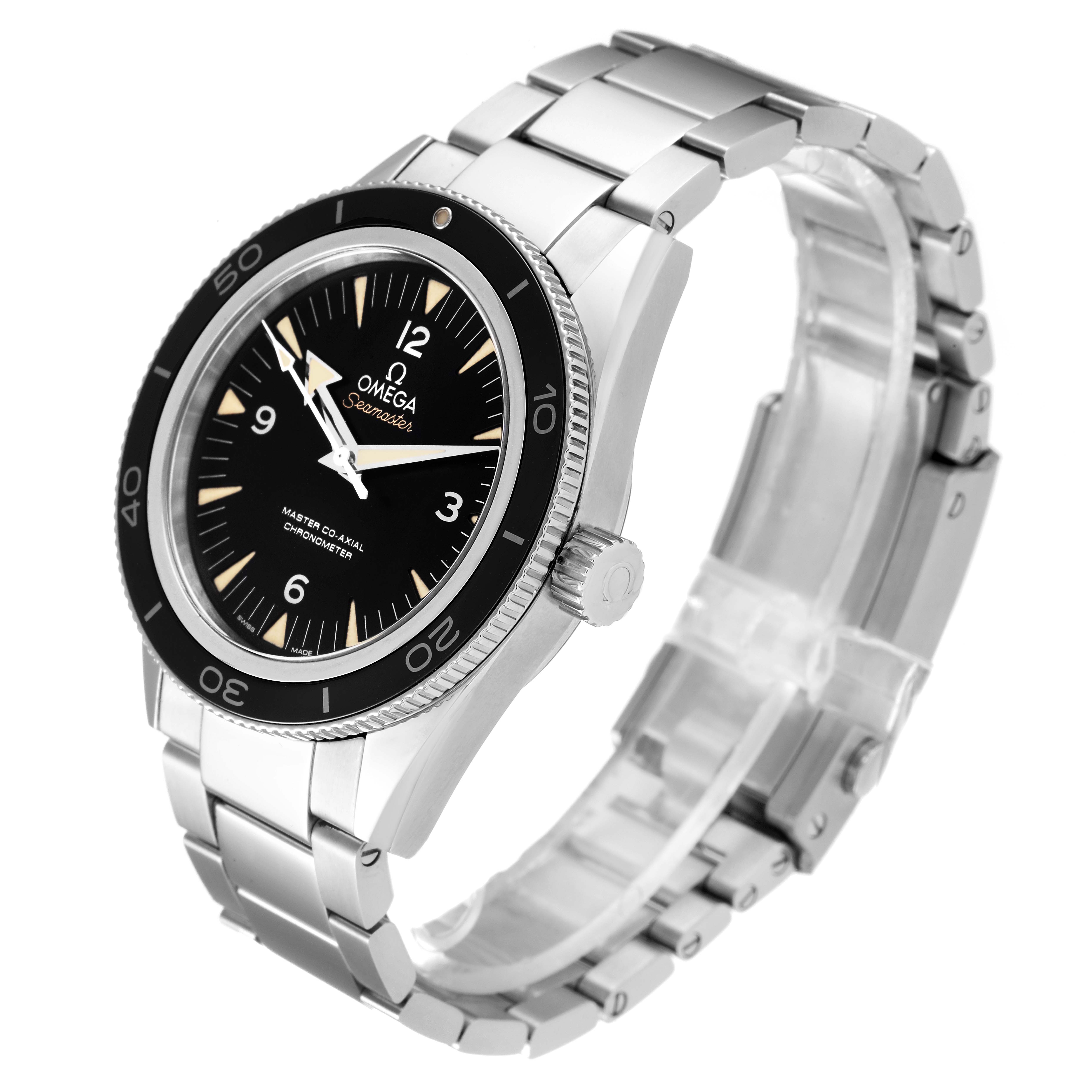 The image shows an Omega Seamaster 233.30.41.21.01.001 Men
s Stainless Steel Black Dial 233.30.41.21.01.001 Men
s Stainless Steel Black Dial watch from a front-side angle, highlighting the watch face, bezel, crown, and metal bracelet.