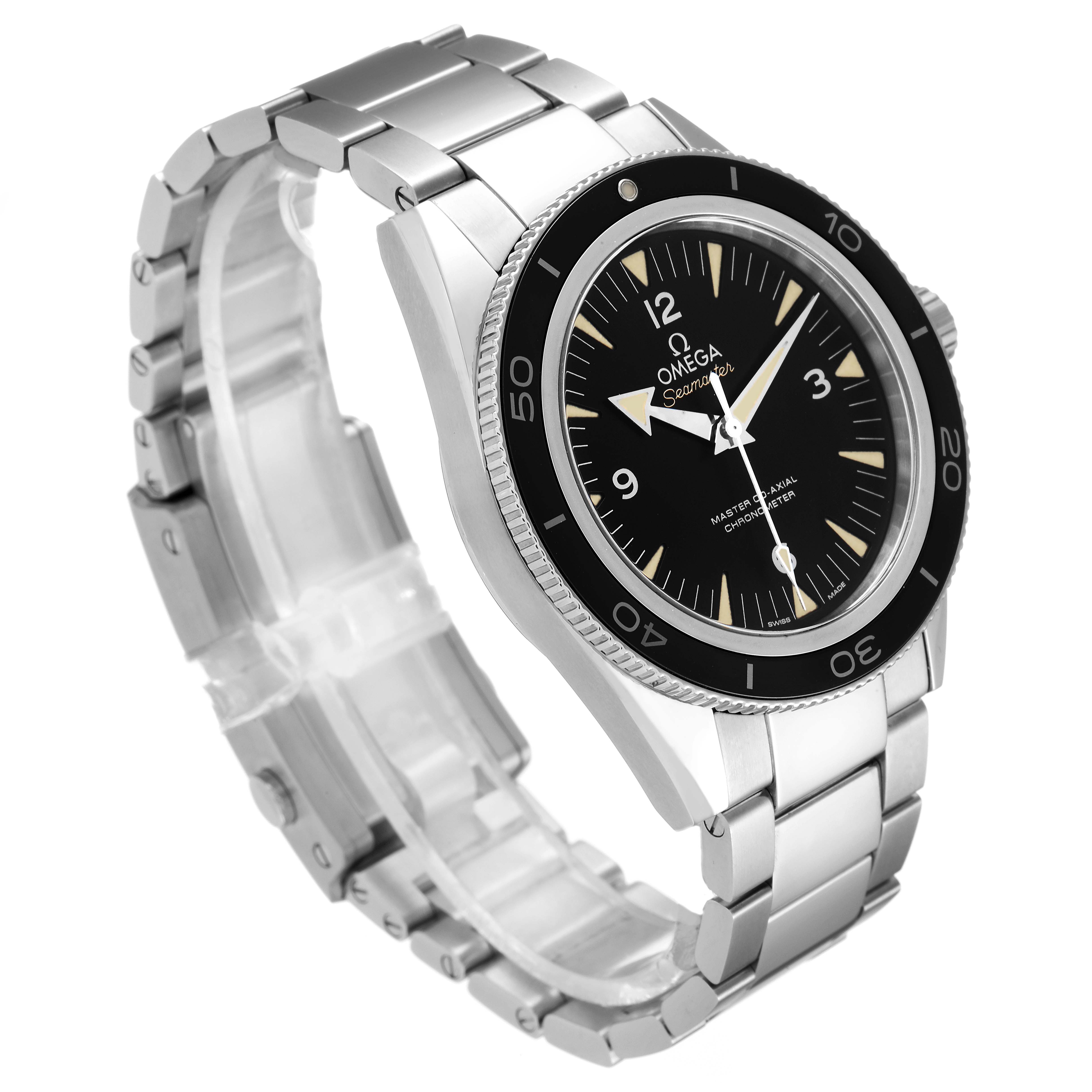 The image shows an angled side view of the Omega Seamaster 233.30.41.21.01.001 Men
s Stainless Steel Black Dial 233.30.41.21.01.001 Men
s Stainless Steel Black Dial watch, highlighting its black dial, bezel, and stainless steel bracelet.