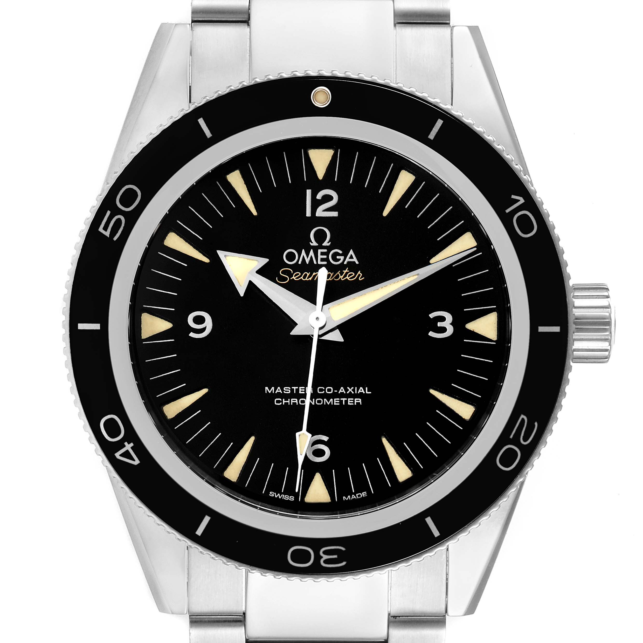 The image shows a front view of the Omega Seamaster 233.30.41.21.01.001 Men
s Stainless Steel Black Dial 233.30.41.21.01.001 Men
s Stainless Steel Black Dial watch face with a stainless steel band.