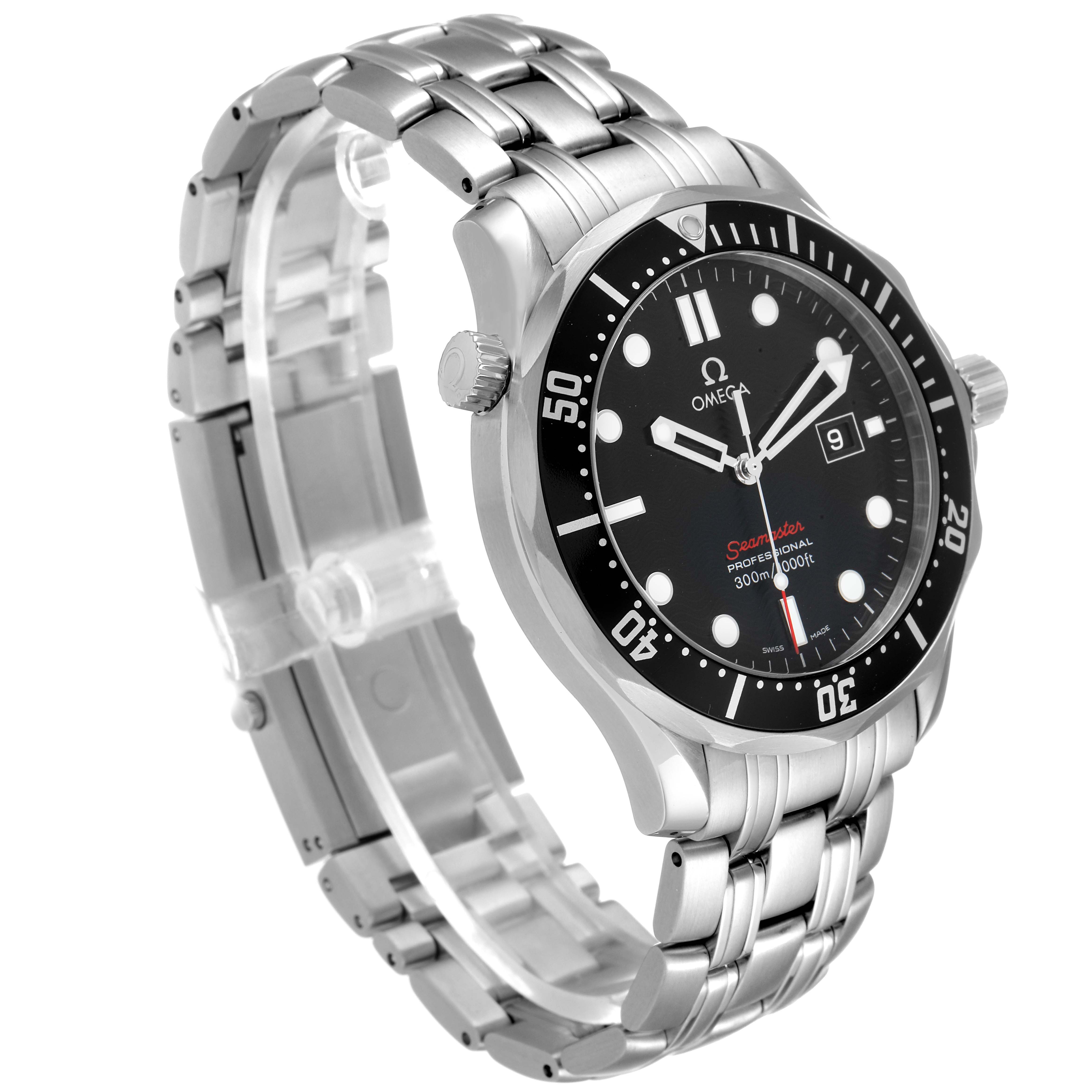 The image showcases an Omega Seamaster 212.30.41.61.01.001 Men
s Stainless Steel Black Dial 212.30.41.61.01.001 Men
s Stainless Steel Black Dial watch at a 3/4 angle, highlighting its face, bezel, crown, and metal bracelet.