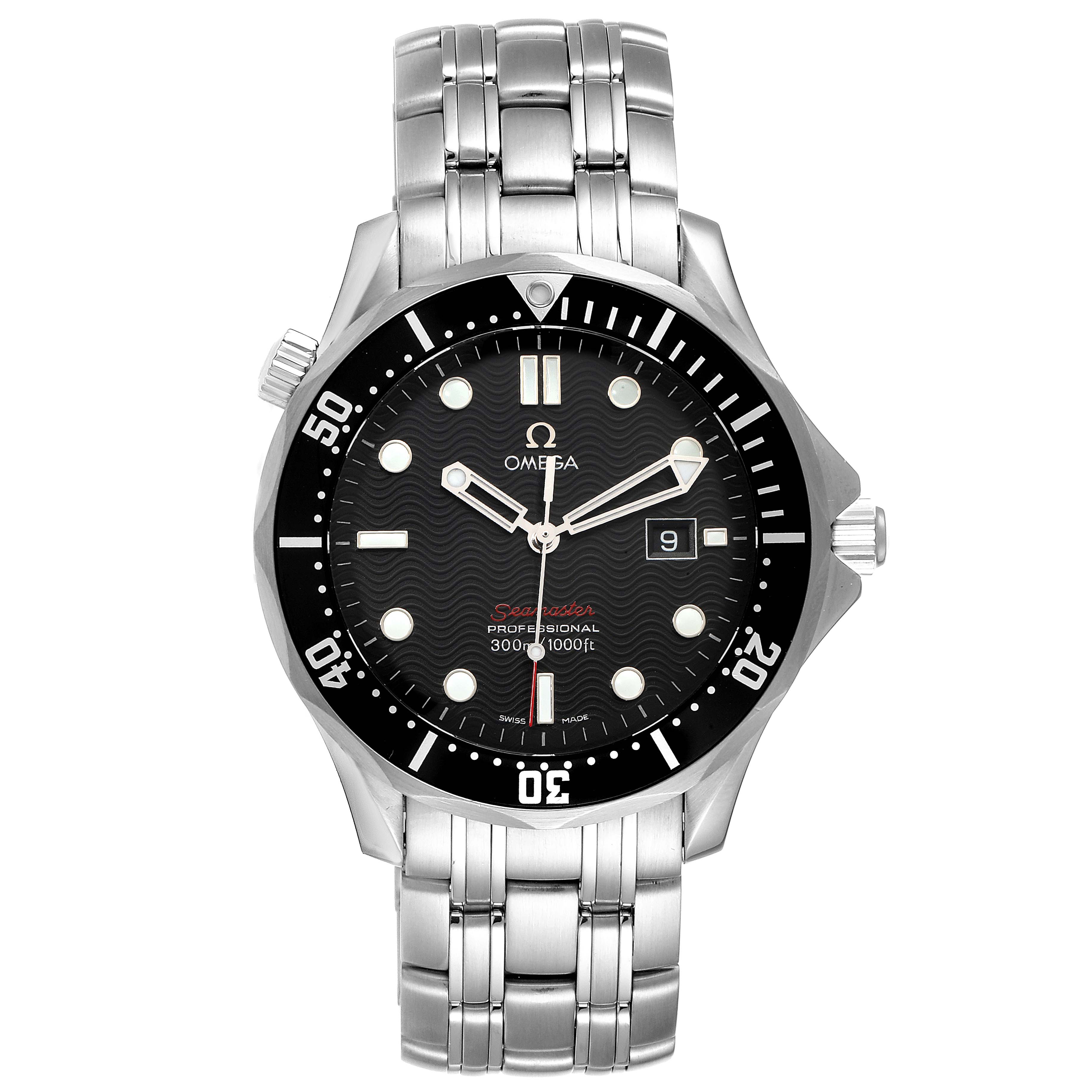 The image shows a front view of an Omega Seamaster 212.30.41.61.01.001 Men
s Stainless Steel Black Dial 212.30.41.61.01.001 Men
s Stainless Steel Black Dial watch, highlighting its dial, bezel, bracelet, and crown.
