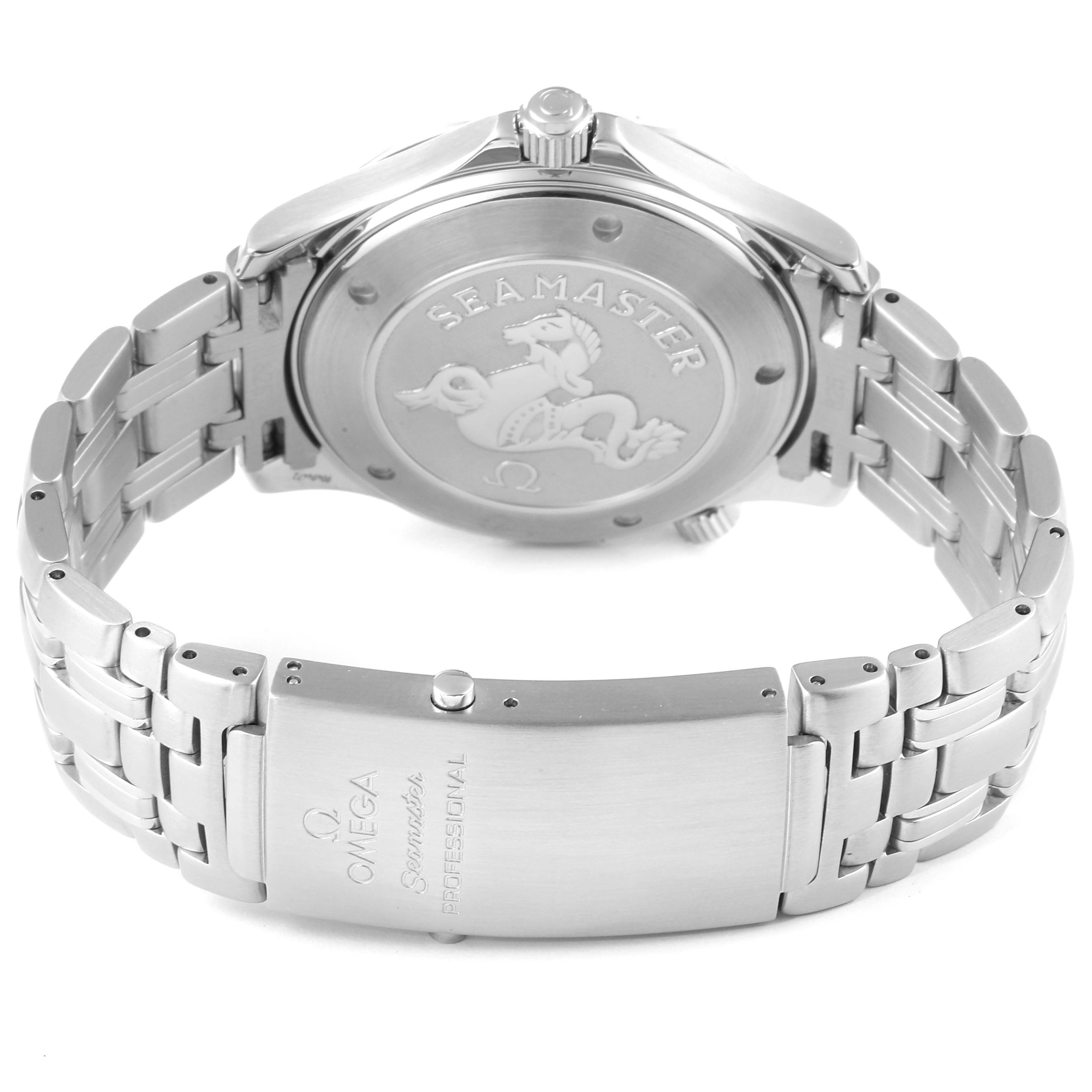 The Omega Seamaster 212.30.41.61.01.001 Men
s Stainless Steel Black Dial 212.30.41.61.01.001 Men
s Stainless Steel Black Dial watch is shown from the back, displaying the case back, bracelet, and clasp.