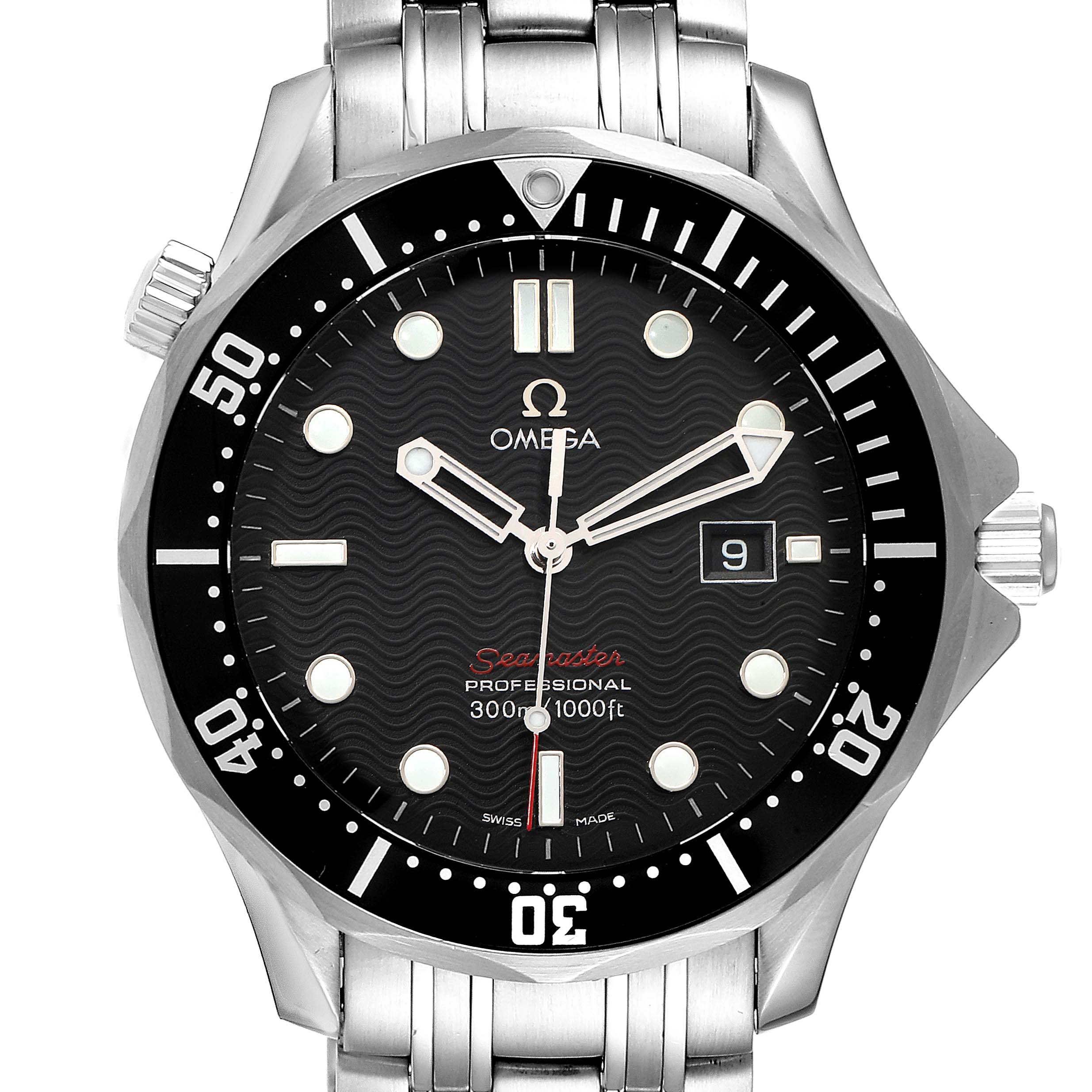 The image shows a frontal view of the Omega Seamaster 212.30.41.61.01.001 Men
s Stainless Steel Black Dial 212.30.41.61.01.001 Men
s Stainless Steel Black Dial watch, highlighting its face, bezel, and bracelet.
