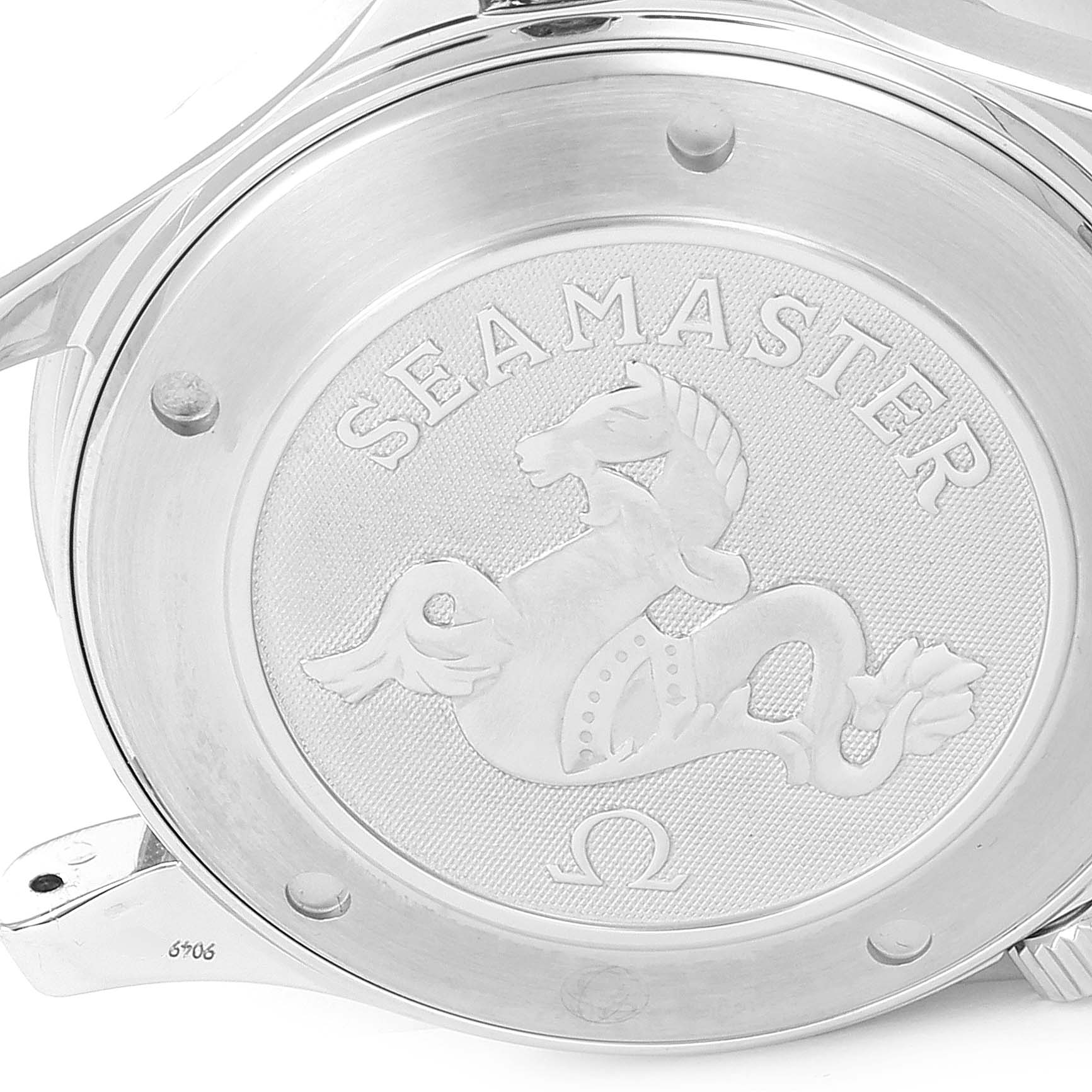 The image shows the back case of an Omega Seamaster 212.30.41.61.01.001 Men
s Stainless Steel Black Dial 212.30.41.61.01.001 Men
s Stainless Steel Black Dial watch, featuring the engraved logo and emblem.