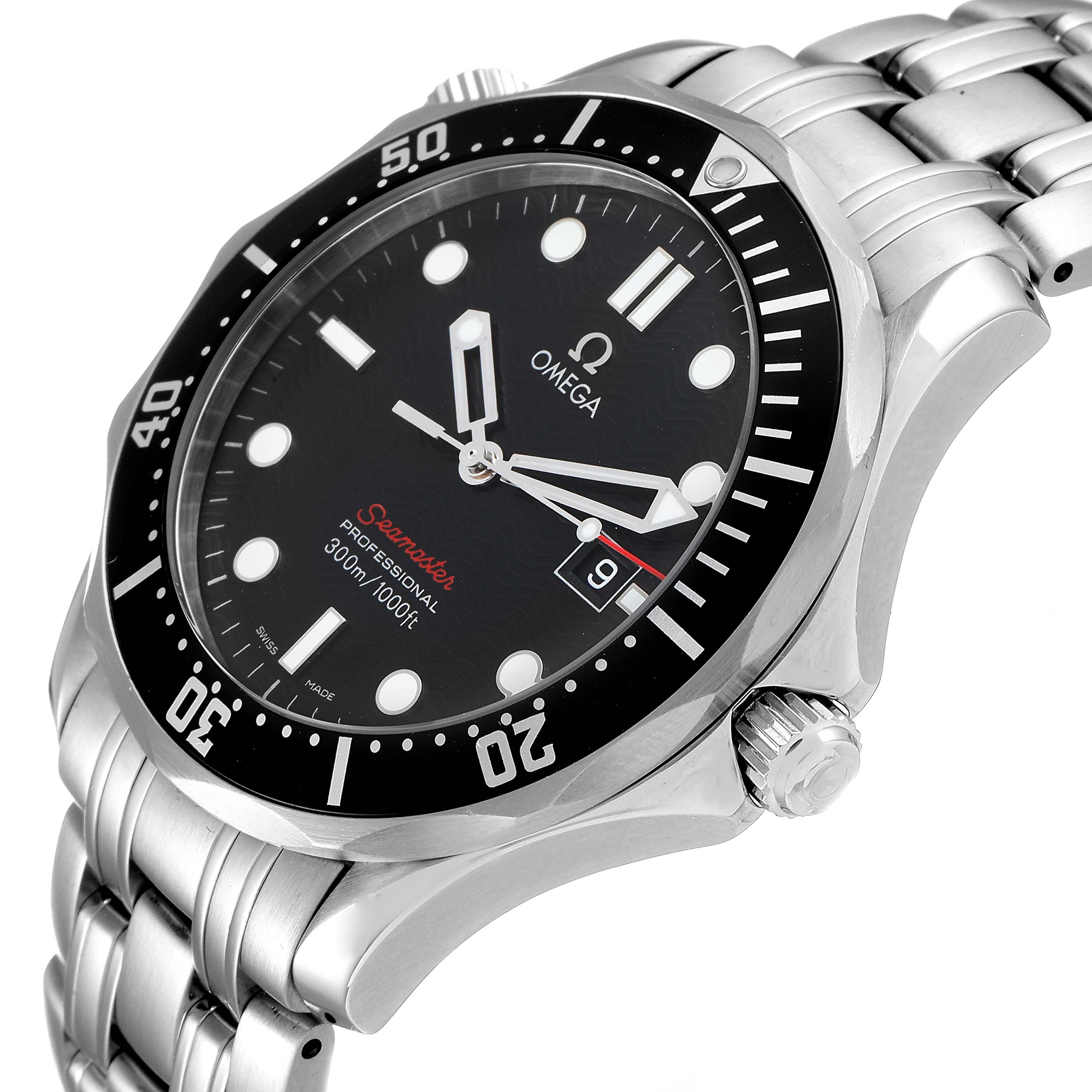 The image shows an angled view of the Omega Seamaster 212.30.41.61.01.001 Men
s Stainless Steel Black Dial 212.30.41.61.01.001 Men
s Stainless Steel Black Dial watch highlighting the face, bezel, crown, and part of the bracelet.