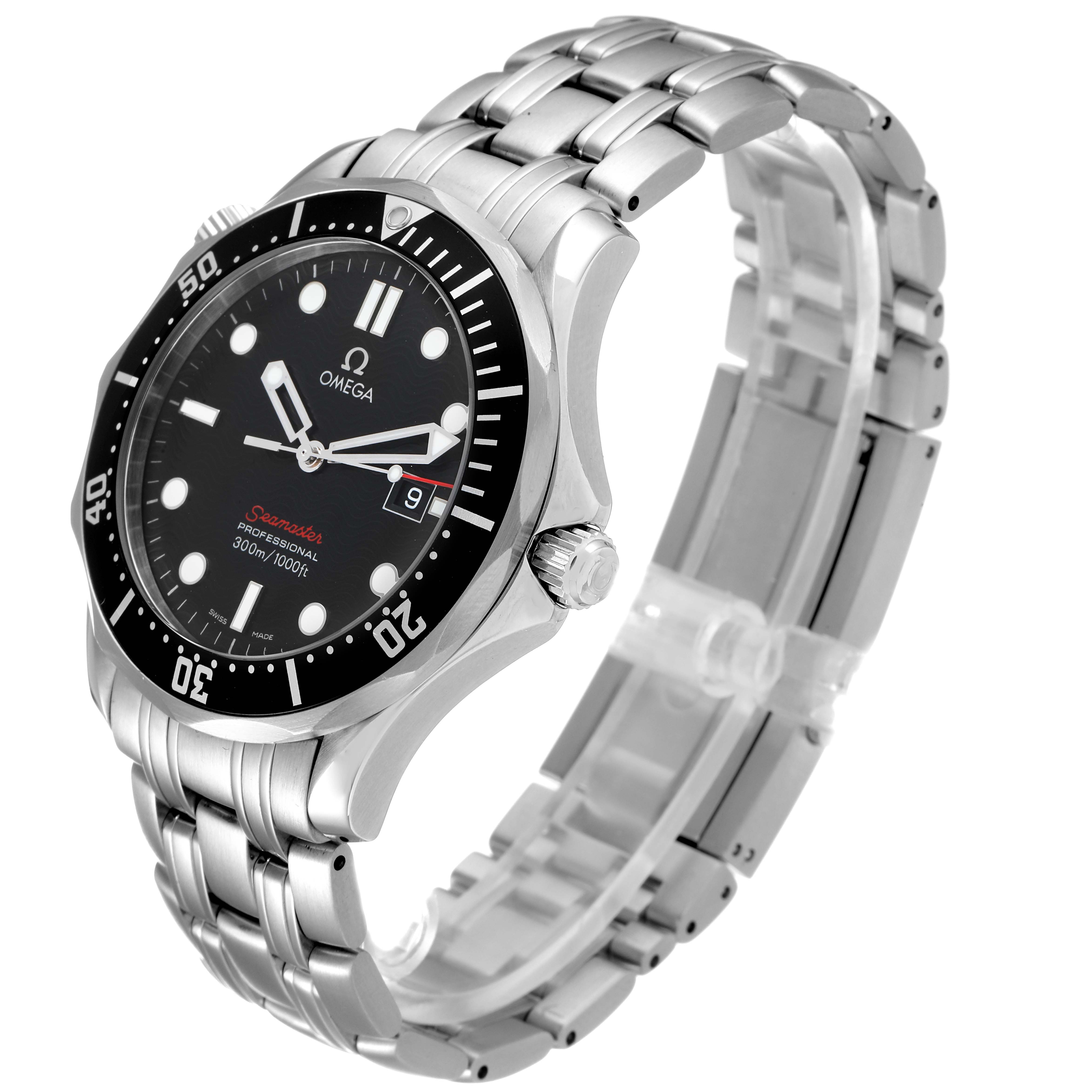 The image shows the front and side view of the Omega Seamaster 212.30.41.61.01.001 Men
s Stainless Steel Black Dial 212.30.41.61.01.001 Men
s Stainless Steel Black Dial watch, highlighting the stainless steel case, bezel, dial, and bracelet.
