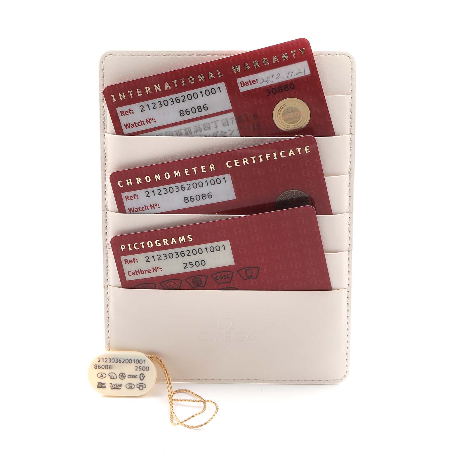 The image shows warranty cards and a tag for the Omega Seamaster 212.30.36.20.01.001 Men
s Stainless Steel Black Dial 212.30.36.20.01.001 Men
s Stainless Steel Black Dial model, displayed in a cardholder.