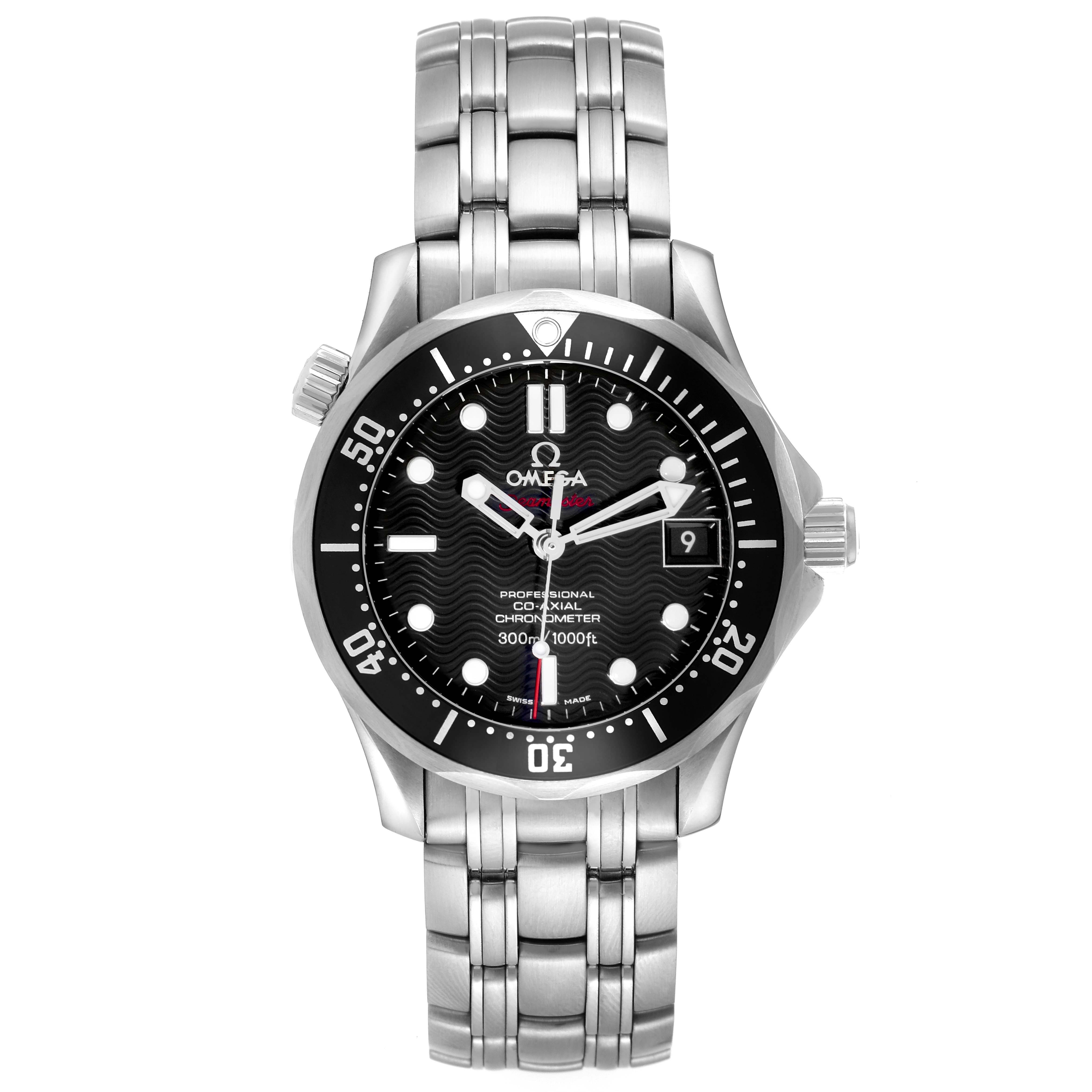 The Omega Seamaster 212.30.36.20.01.001 Men
s Stainless Steel Black Dial 212.30.36.20.01.001 Men
s Stainless Steel Black Dial watch is shown from a top-down angle, displaying the face, bezel, crown, and bracelet.