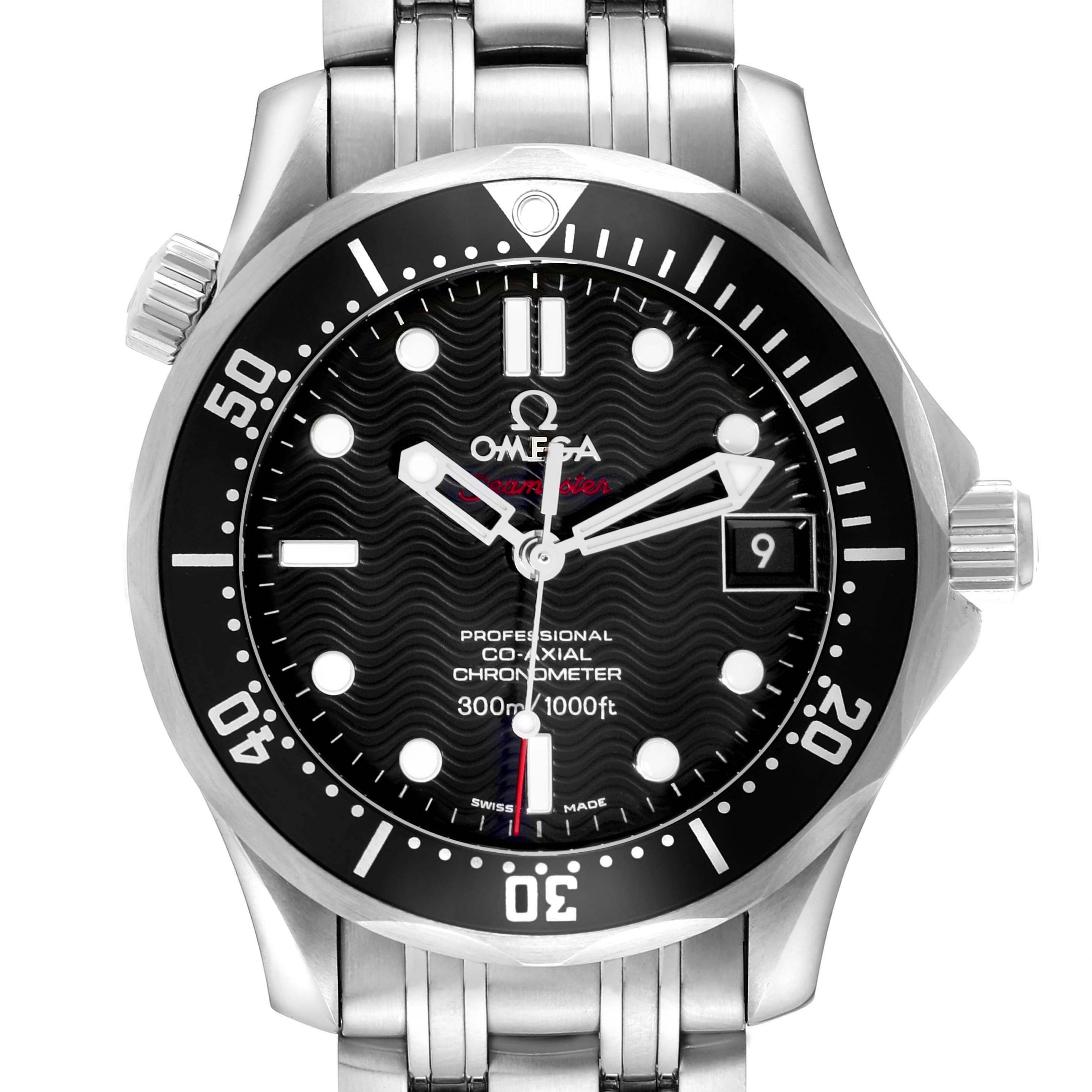 The Omega Seamaster 212.30.36.20.01.001 Men
s Stainless Steel Black Dial 212.30.36.20.01.001 Men
s Stainless Steel Black Dial watch is shown from the front, highlighting its face, bezel, and bracelet.